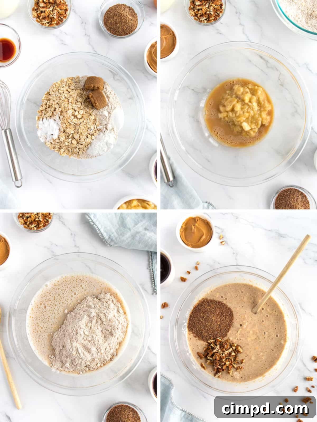 Wholesome Banana Nut Oat Pancakes 5 Golden brown Whole Wheat Banana Nut Oat Pancakes stacked on a plate