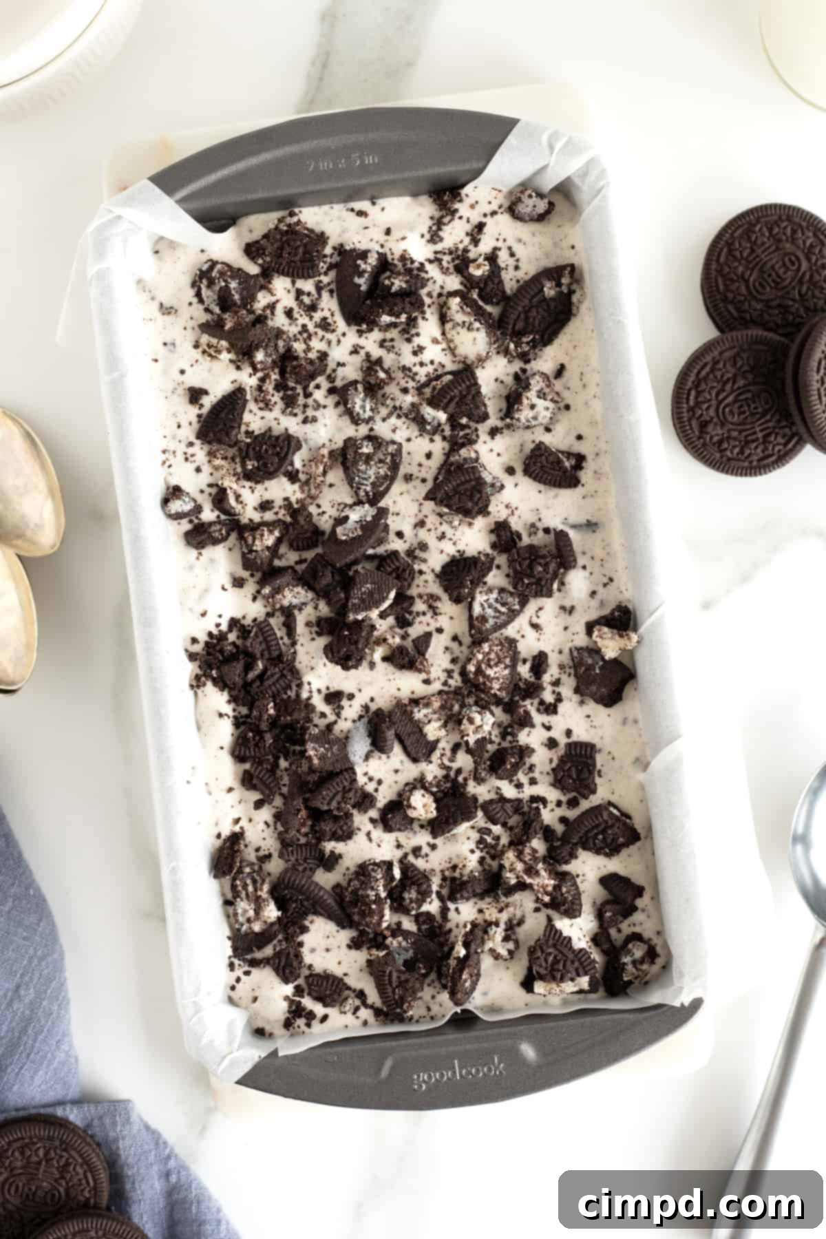 Black and White Bliss 11 A tantalizing image of the perfectly frozen homemade cookies n' cream ice cream, ready to be scooped directly from the loaf pan.