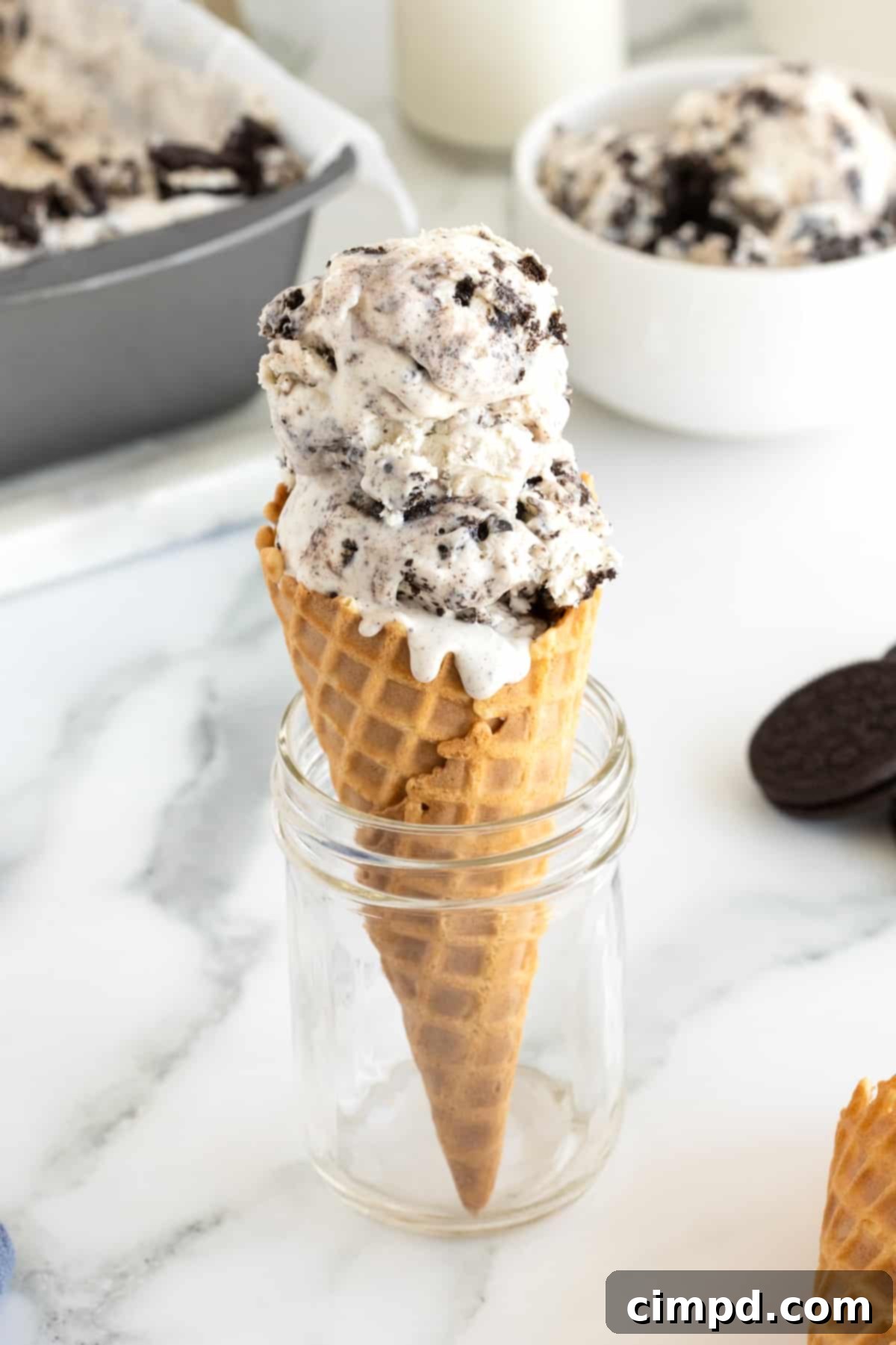 Black and White Bliss 3 Two generous scoops of homemade cookies and cream ice cream nestled in a crispy waffle cone, elegantly presented in a mason jar.