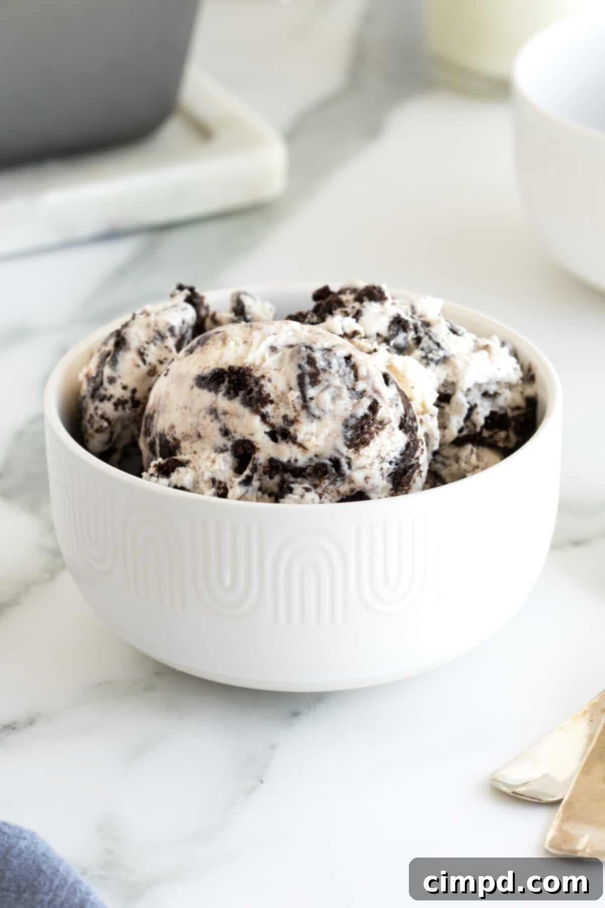 Black and White Bliss 5 A pristine white ceramic bowl holding three perfectly scooped mounds of homemade cookies and cream ice cream, garnished with extra crushed cookies.