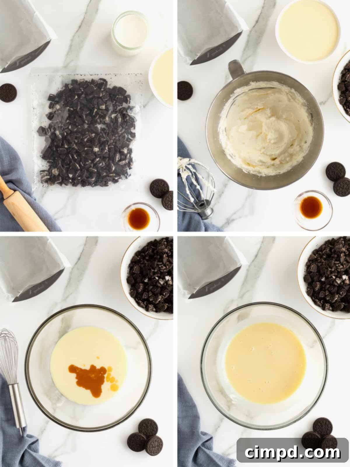 Black and White Bliss 7 A visual guide showing the process of making No-Churn Homemade Cookies and Cream Ice Cream, highlighting the mixing of ingredients.