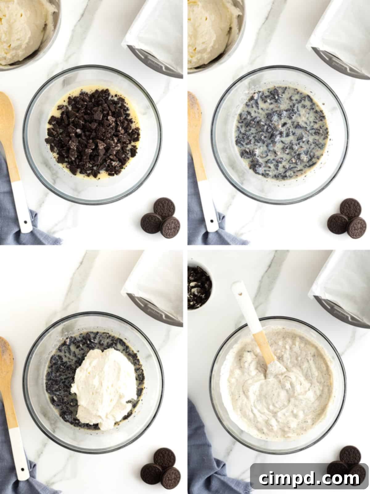 Black and White Bliss 8 Another step-by-step image showcasing the smooth, creamy mixture before it's transferred to the loaf pan, demonstrating the rich texture of the No-Churn Homemade Cookies and Cream Ice Cream.