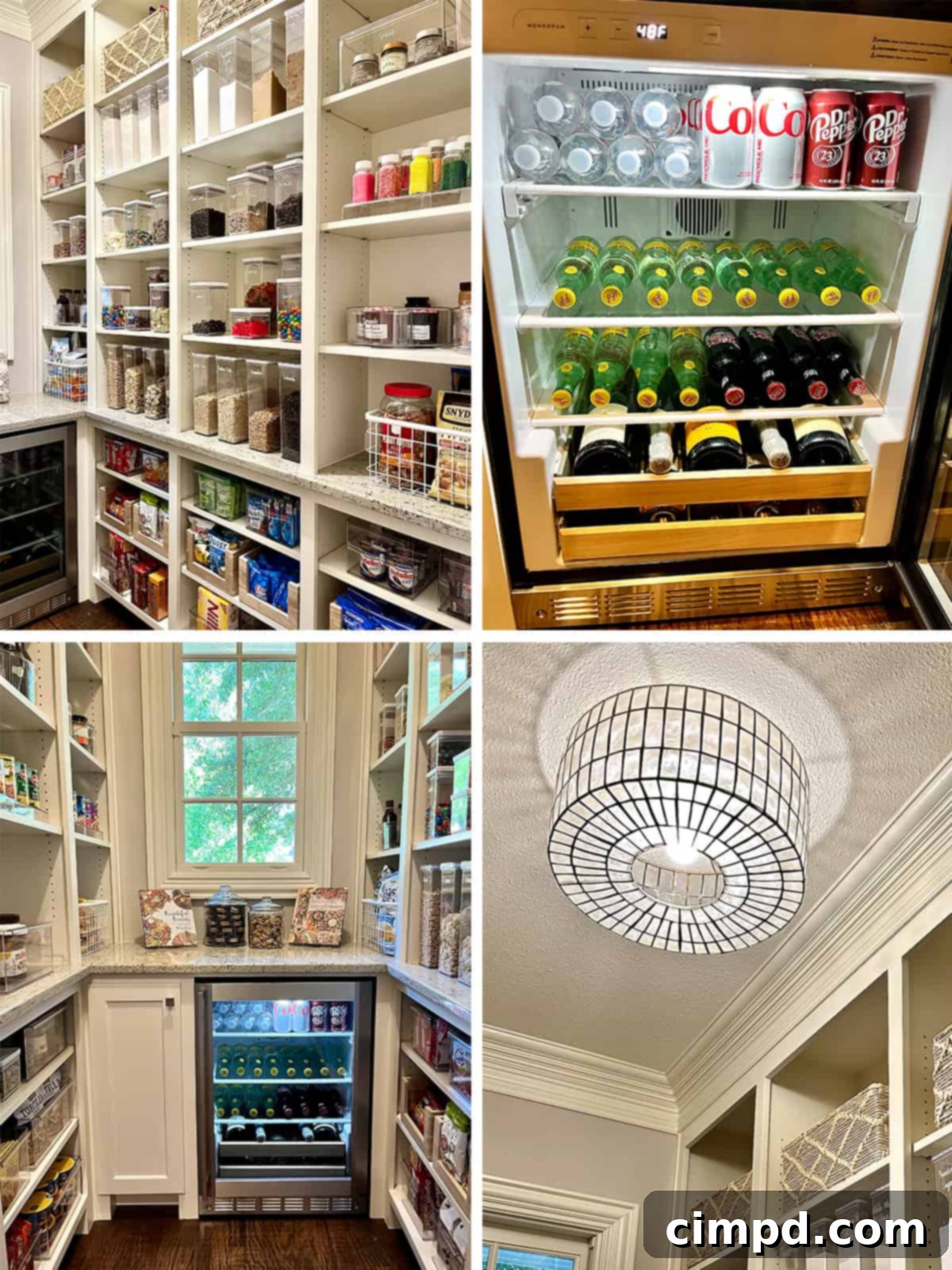 Step Inside Our Dream Pantry 11 The BakerMama's Favorite features in her organized pantry, including clear containers, a drink fridge, and a stylish light fixture.