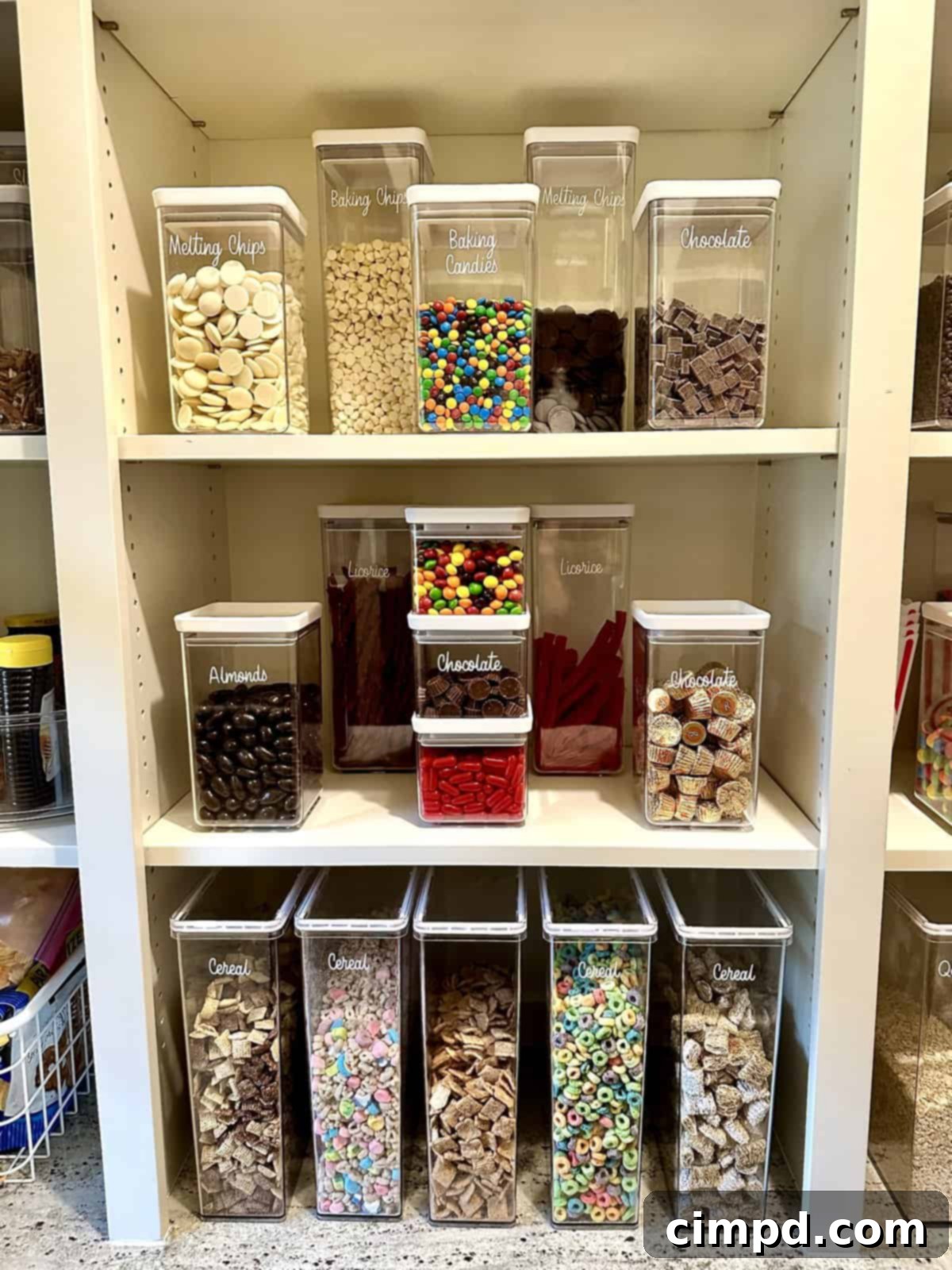 Step Inside Our Dream Pantry 13 Array of clear, airtight containers from The Container Store filled with various cereals, snacks, and baking ingredients.