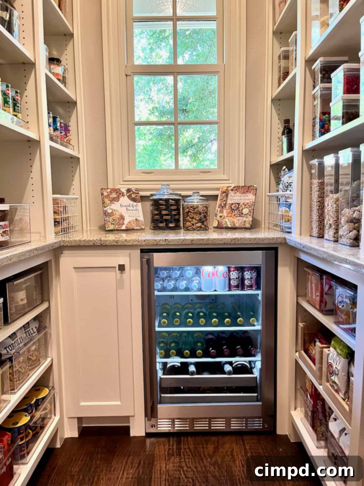 Step Inside Our Dream Pantry 8 Organized walk-in pantry featuring clear storage containers, labeled shelves, and a built-in drink refrigerator.