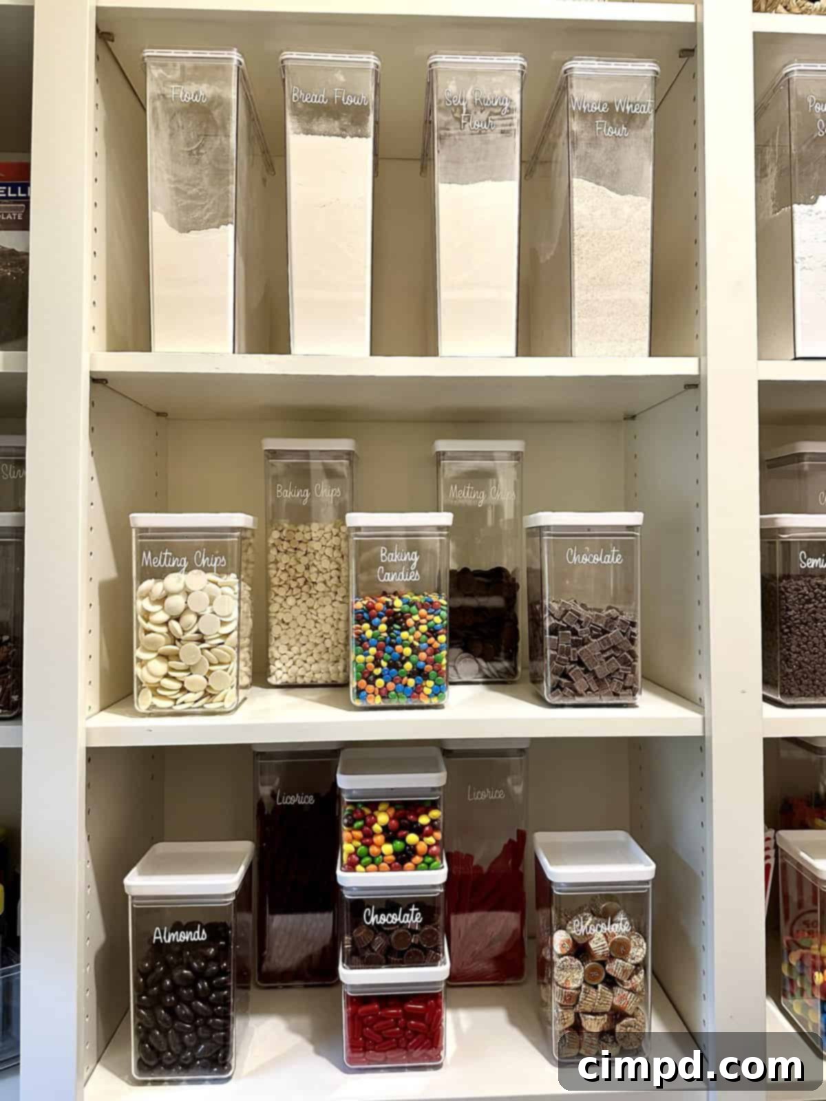 Step Inside Our Dream Pantry 9 Clear, labeled containers of baking ingredients, grains, and snacks in an organized pantry section.