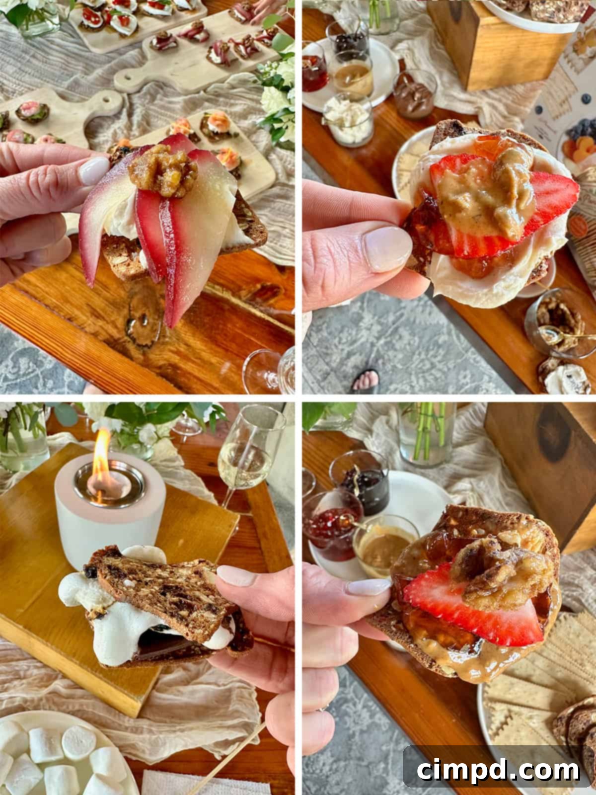 Four distinct cracker bites arranged neatly on a wooden board, showcasing their diverse ingredients and vibrant colors.
