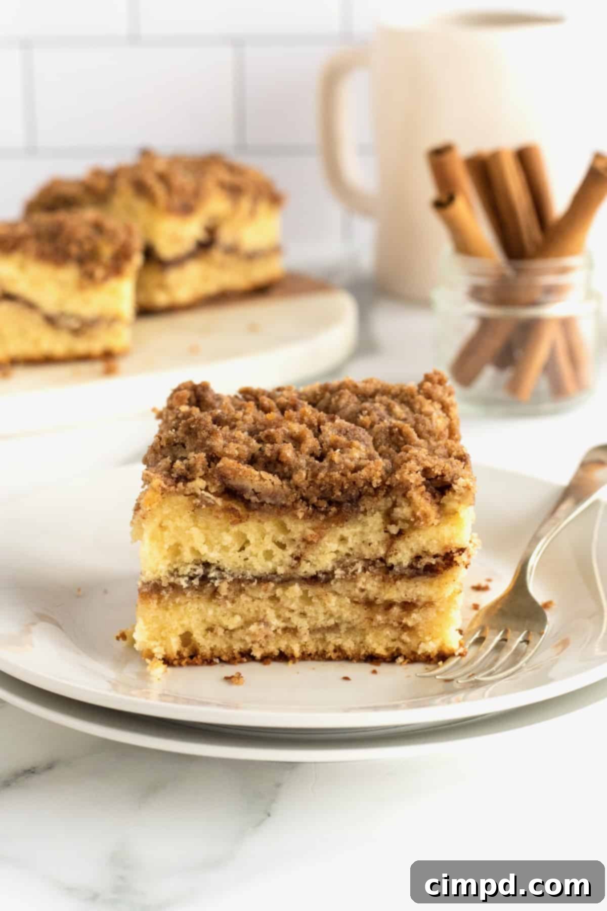 A square slice of classic coffee cake on a stack of white ceramic plates with a metal fork.