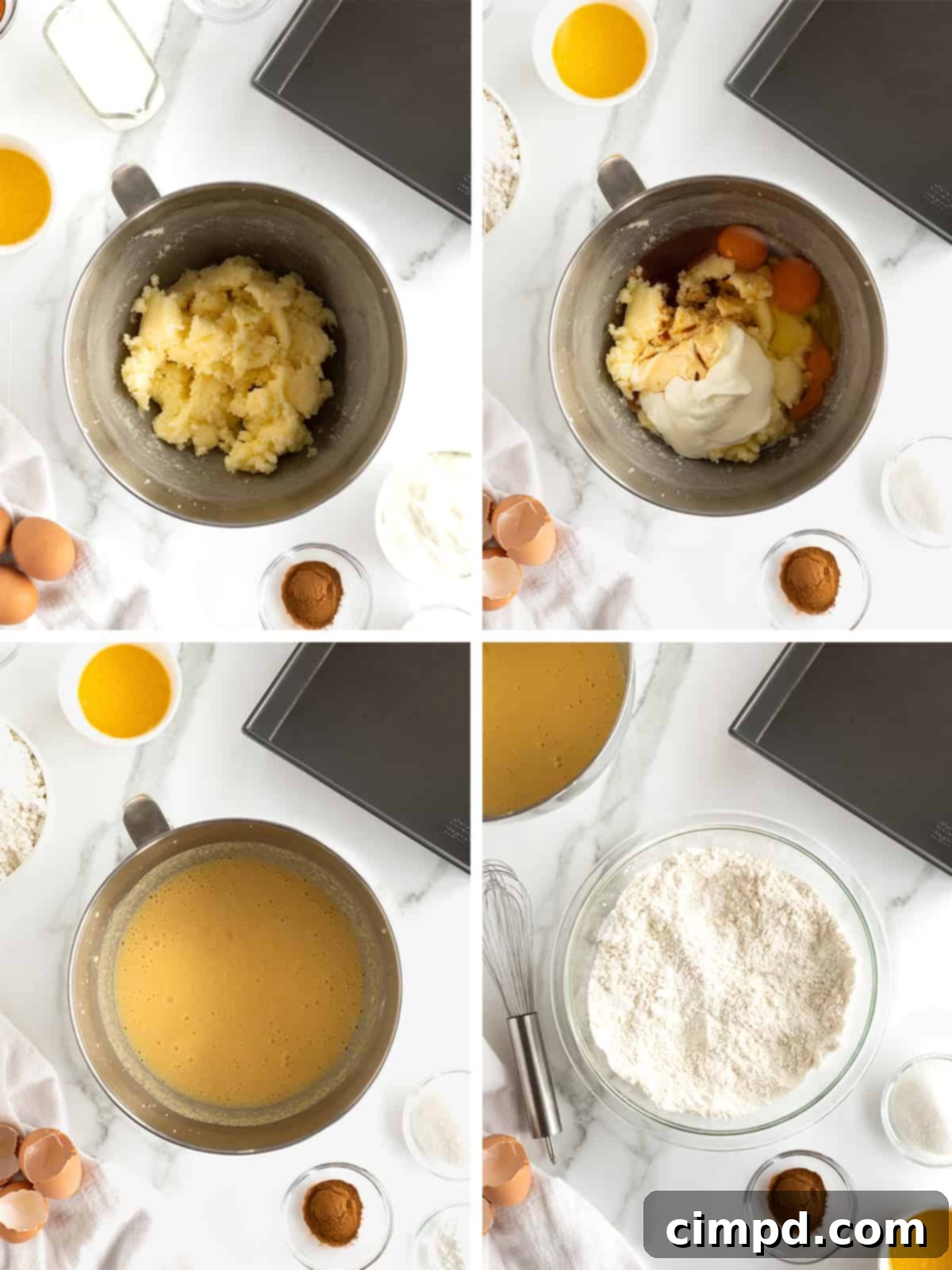A step-by-step image showing how to make coffee cake, focusing on mixing ingredients.