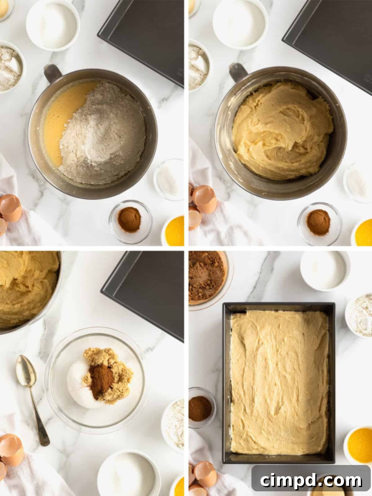 Steps to making coffee cake, showing the first layer of batter in a pan.
