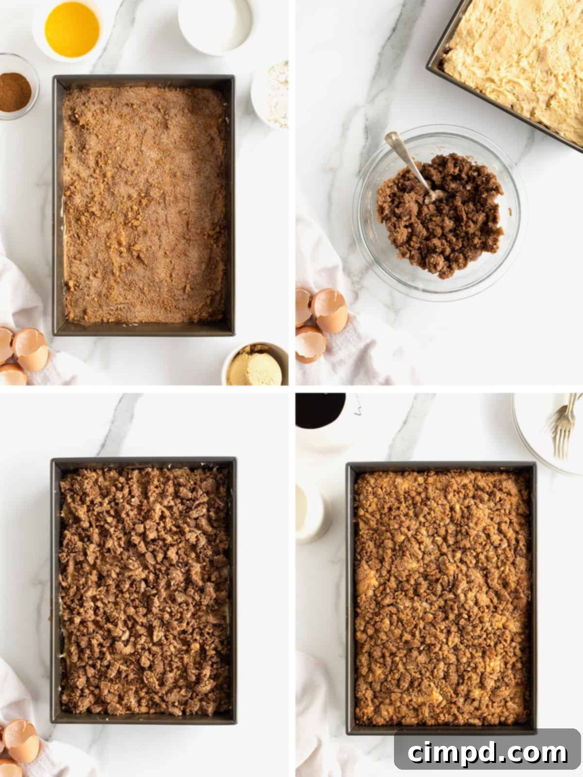 Steps to make coffee cake, showing the finished cake in the pan with streusel topping.