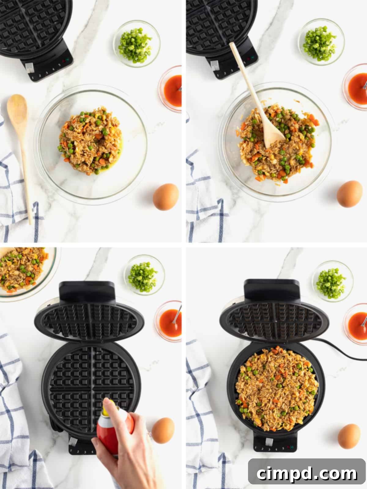 A visual guide showing the steps to prepare a leftover fried rice waffle, from mixing ingredients to spreading the rice on the waffle iron.
