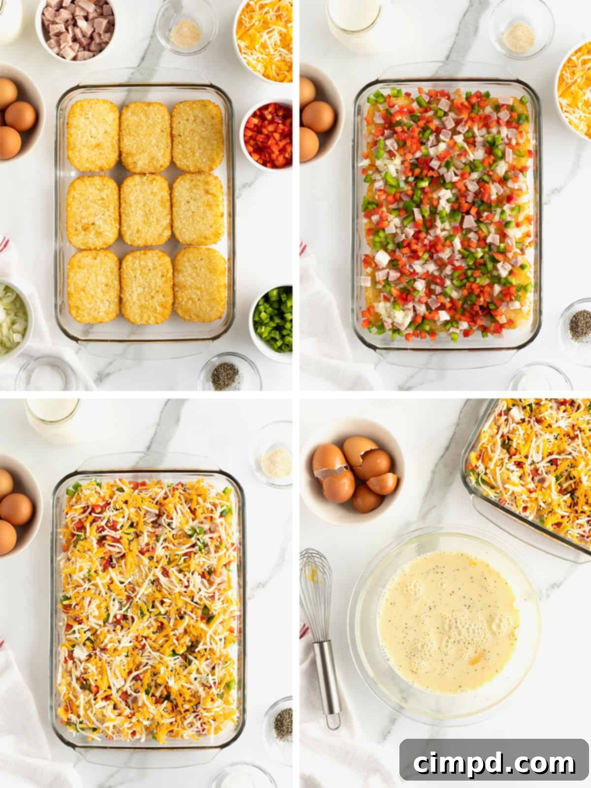 A visual step-by-step guide showing the preparation stages of hash brown breakfast casserole, from layering ingredients to whisking the egg mixture.