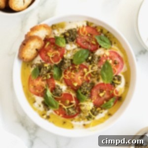 Velvet Burrata Caprese Board 13 A round white dish with sliced tomatoes, fresh basil and olive oil on top of burrata, ready to be served.