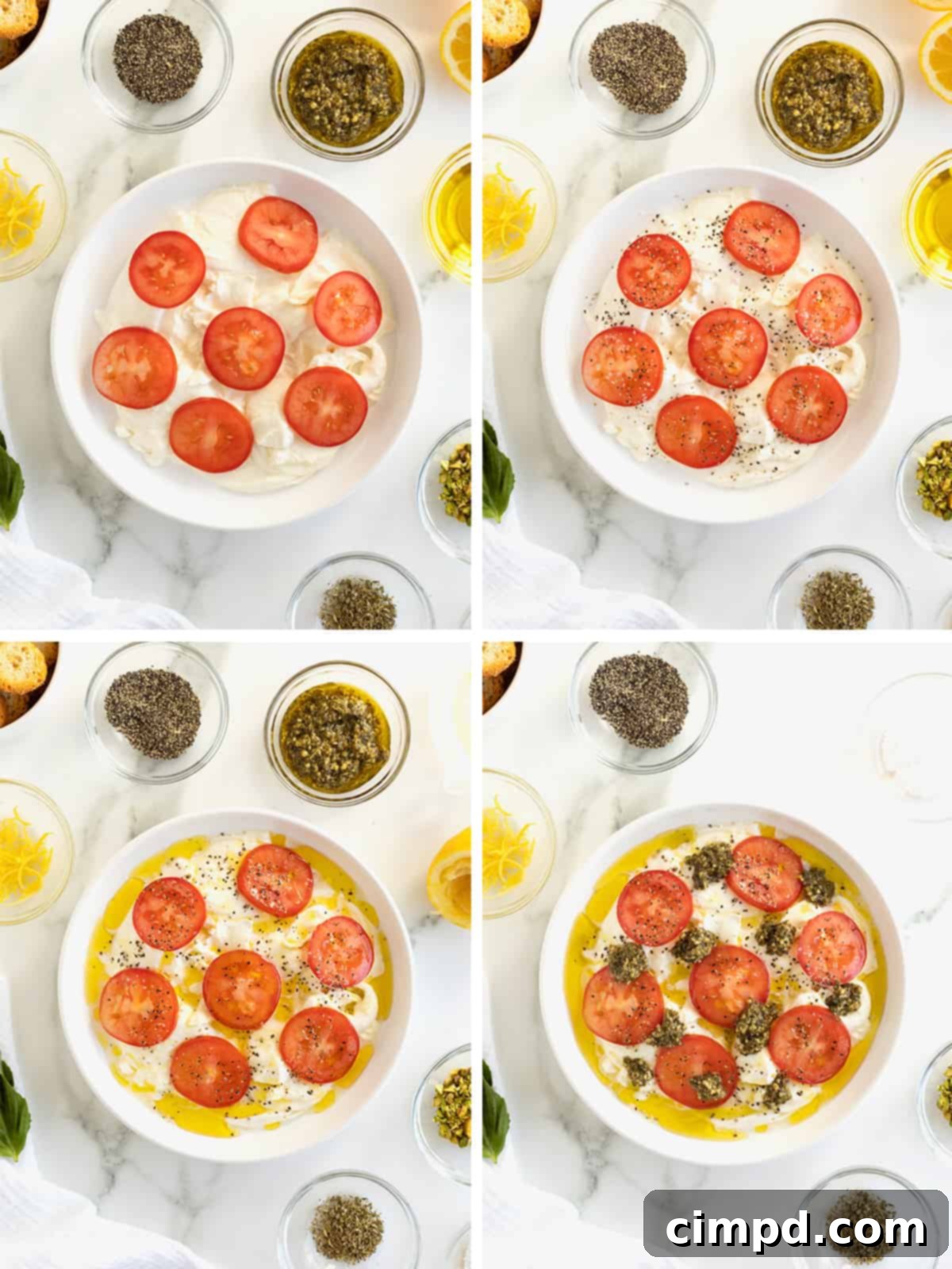 Velvet Burrata Caprese Board 8 A visual guide showing the initial steps to make a Burrata Caprese Platter, including arranging burrata and tomatoes, seasoning, and drizzling.