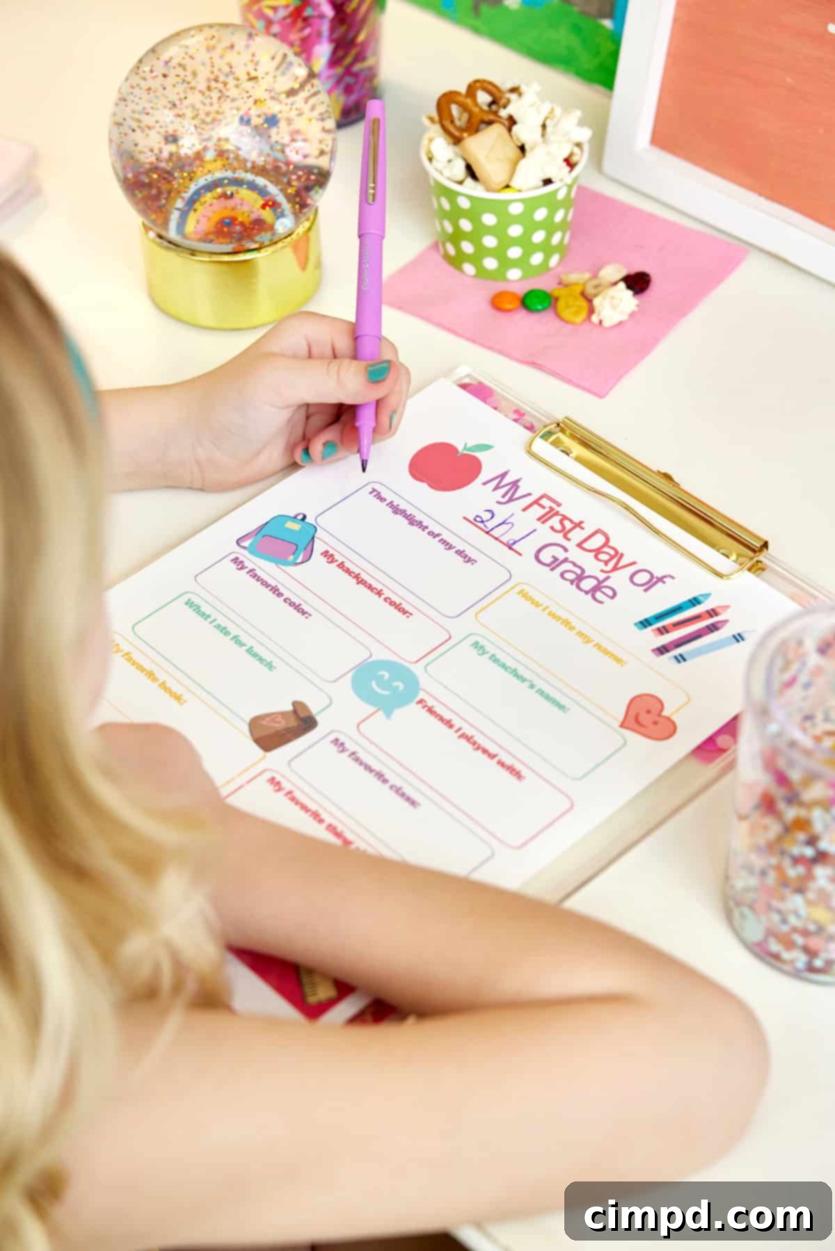 Ignite Your School Year 8 A young girl diligently filling out a 'My First Day' questionnaire, thoughtfully reflecting on her school experiences while enjoying a delicious popcorn snack mix.