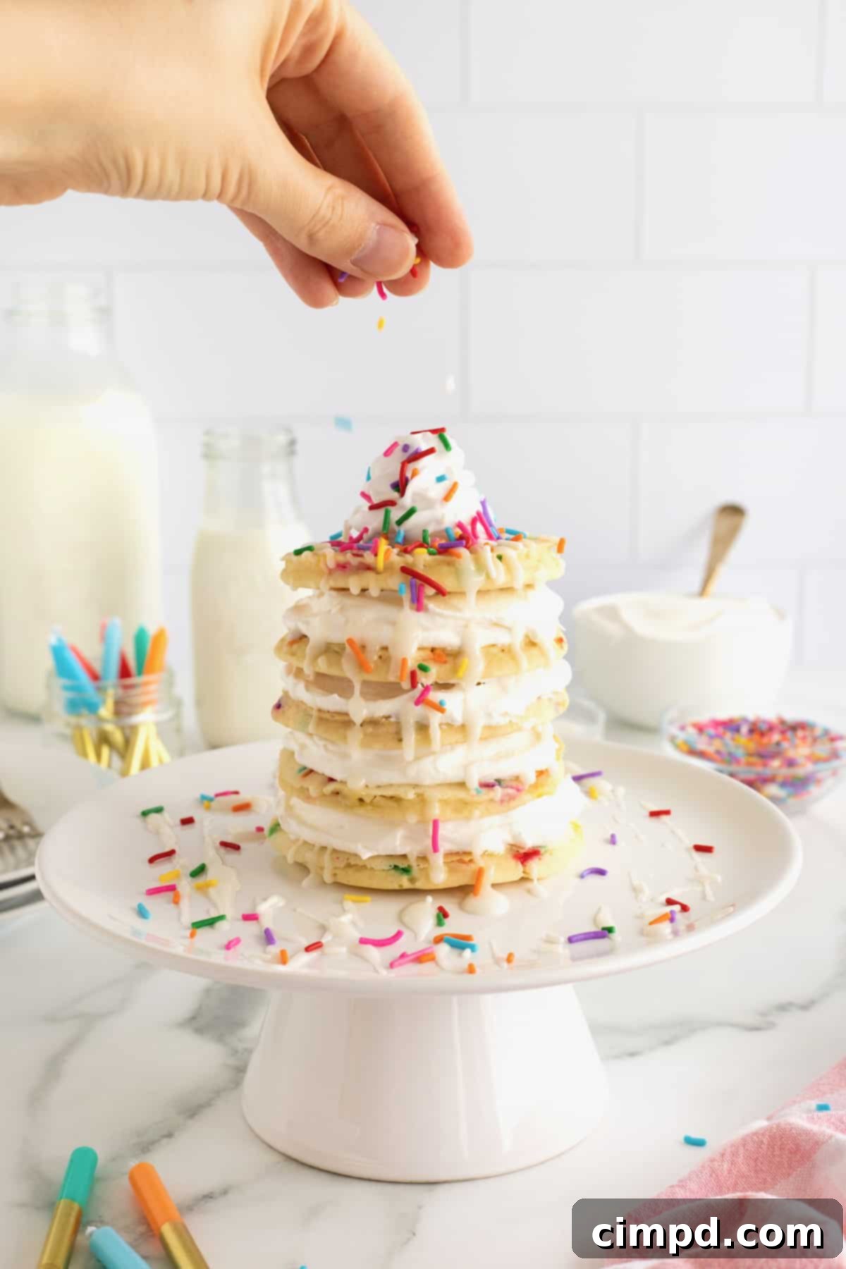 Celebration Pancake Stack 9 Layers of confetti pancakes with whipped topping between and topped with sprinkles.