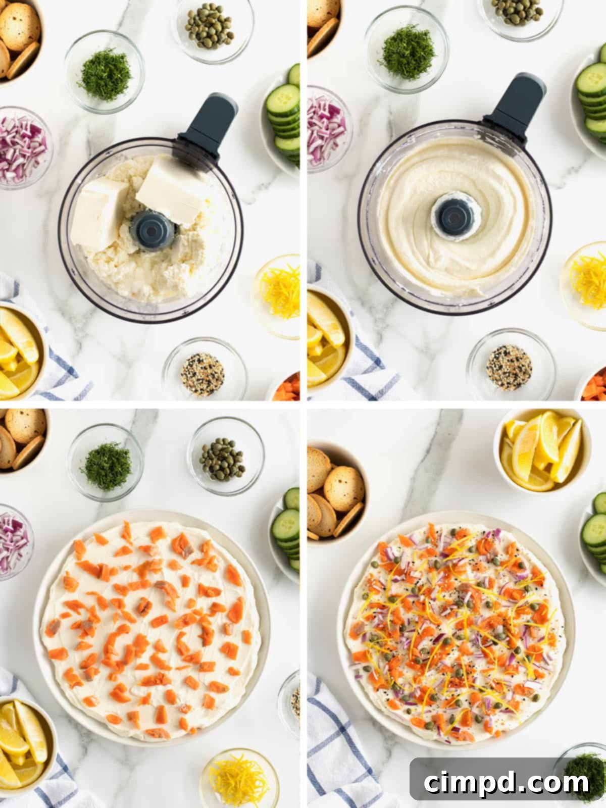 A visual guide showing four easy steps to prepare the Smoked Salmon Bagel Dip, from blending the base to adding toppings.