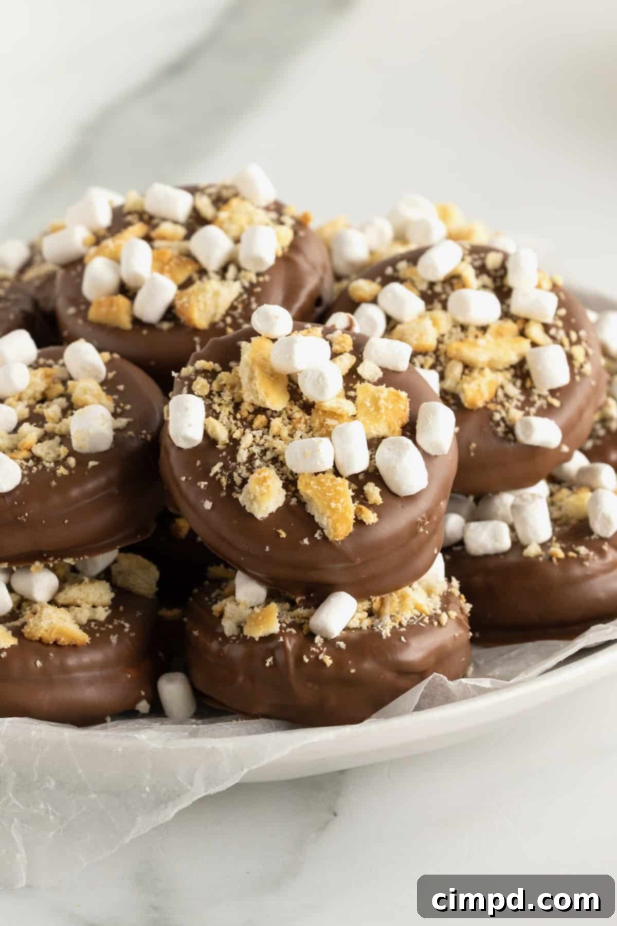 No-Bake Smores Cracker Bites 2 A beautifully arranged white serving plate showcasing delectable S'mores Cracker Bites, generously coated in chocolate and sprinkled with graham cracker bits and miniature marshmallows, ready to be enjoyed.