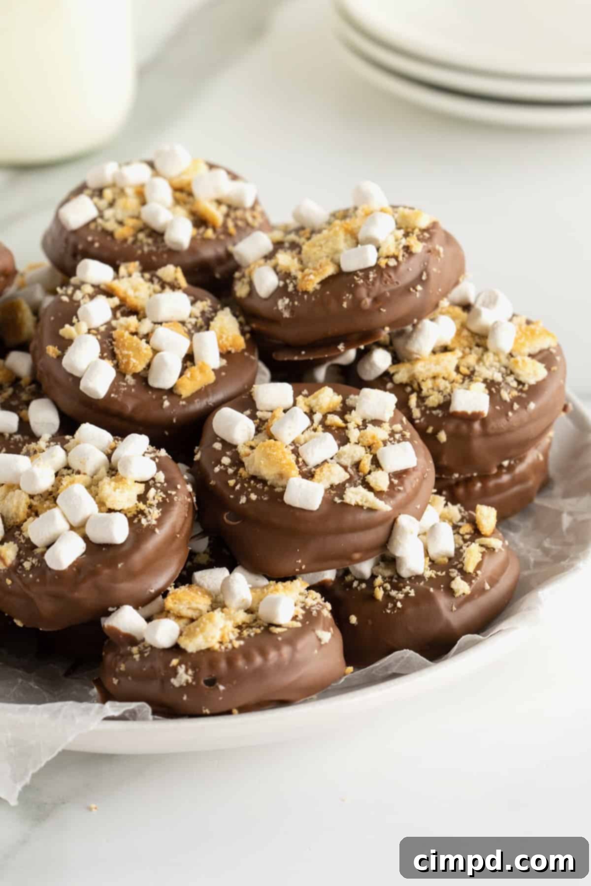 No-Bake Smores Cracker Bites 4 An inviting white serving plate piled high with golden-brown S'mores Cracker Bites, generously coated in chocolate and adorned with delicate marshmallow bits and finely crushed graham crackers.