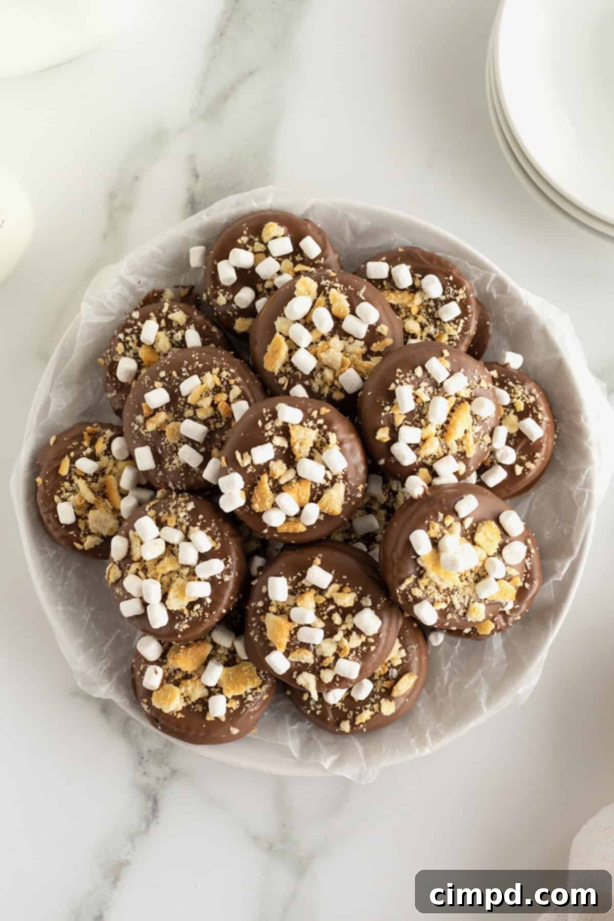 No-Bake Smores Cracker Bites 8 A white ceramic serving plate filled with an assortment of S'mores Cracker Bites, beautifully coated in chocolate and topped with miniature marshmallows and crushed graham crackers, ready for serving.