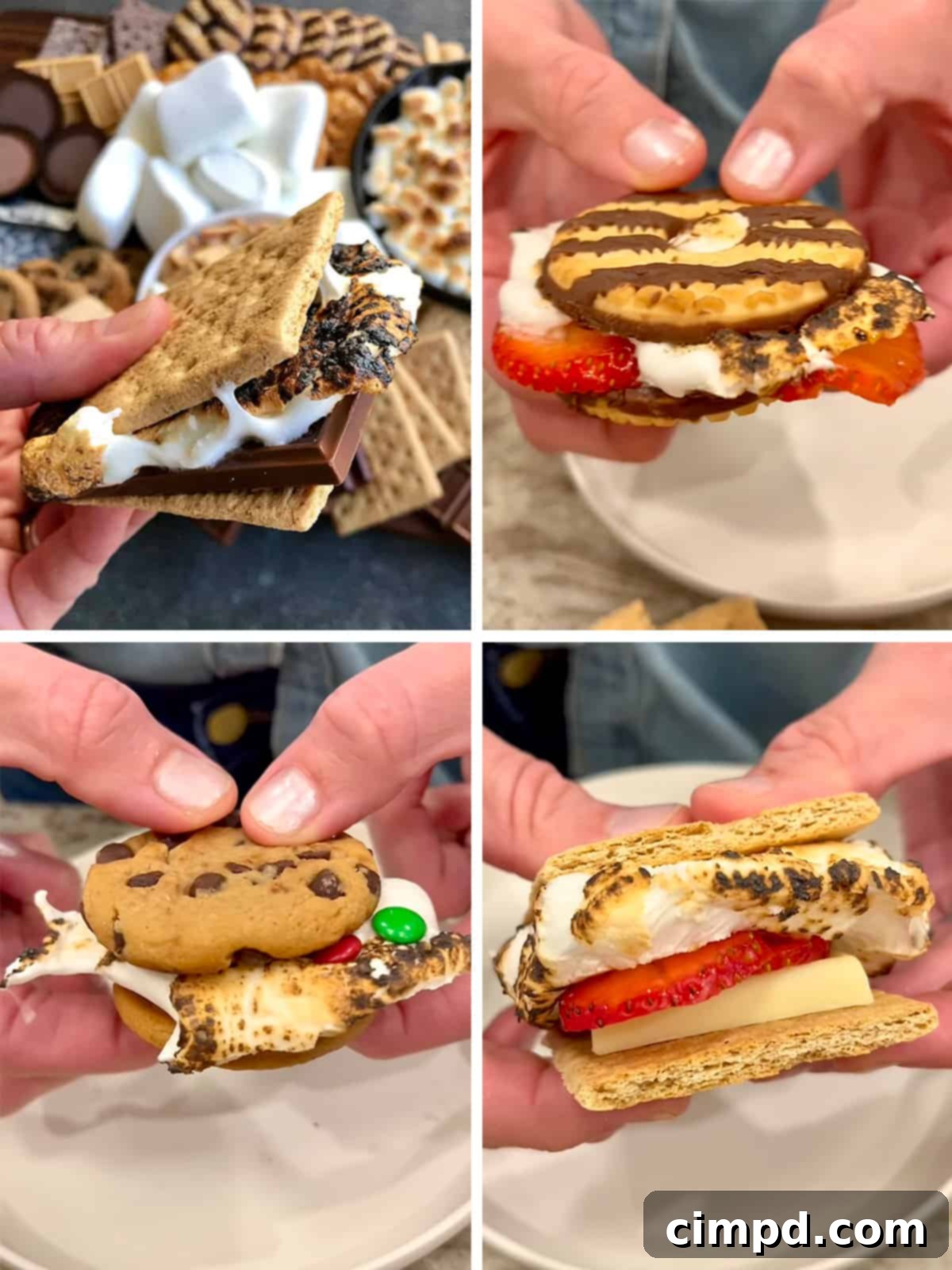 Your Guide to an Epic Smores Board 5 A diverse collection of s'mores, showcasing creative combinations: a traditional s'more, a s'more with Fudge Stripe cookies and strawberry, a chocolate chip cookie s'more with M&M's and Cookies 'n' Creme chocolate, and a graham cracker s'more with white chocolate, caramel, and strawberry.