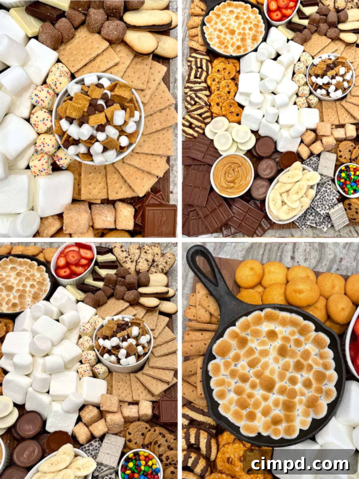 Your Guide to an Epic Smores Board 6 A step-by-step visual guide demonstrating how to arrange a s'mores board, showing the progression from empty board to fully loaded with crackers, marshmallows, chocolates, fruits, and a skillet dip.
