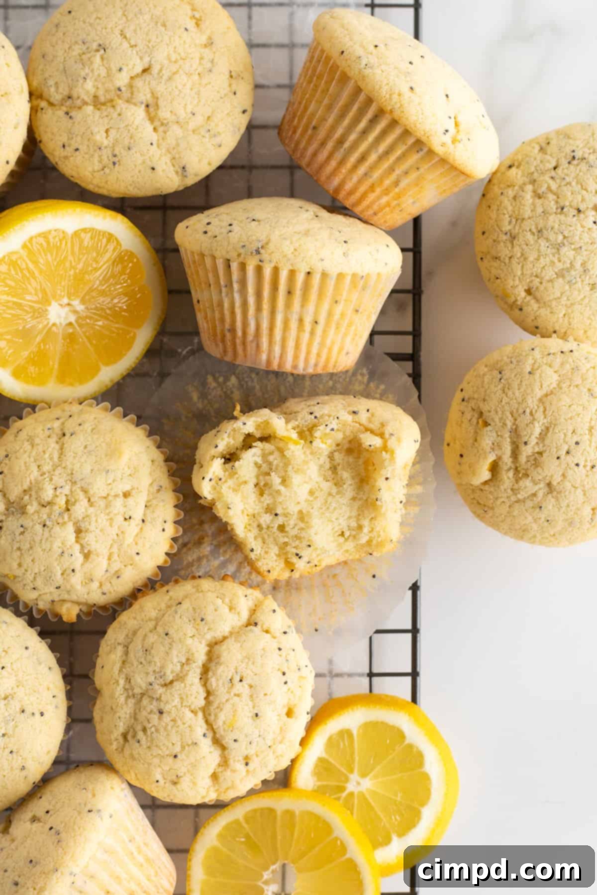 Zesty Lemon Poppy Seed Delights 5 A close-up shot of several lemon poppy seed muffins on a cooling rack, showing the texture and poppy seeds.