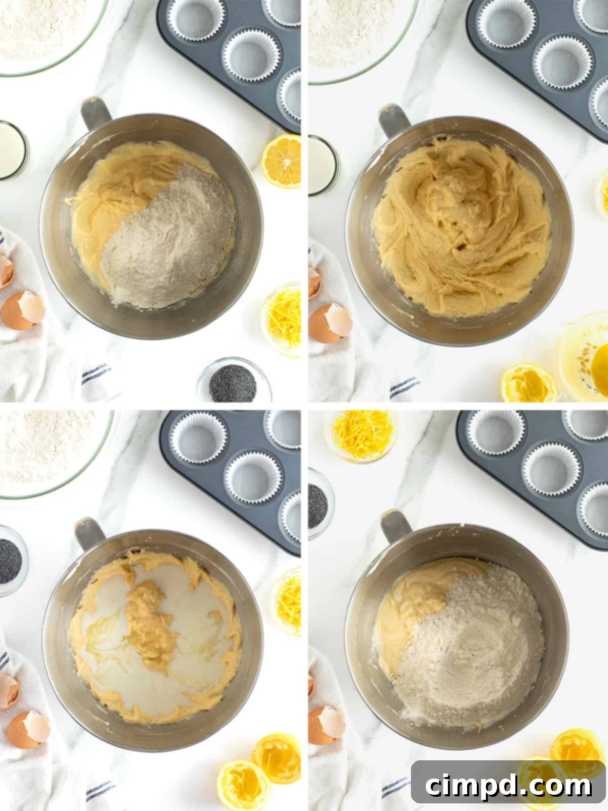 Zesty Lemon Poppy Seed Delights 8 A visual guide showing the later steps of mixing muffin batter: alternating dry and wet ingredients and achieving a smooth consistency.