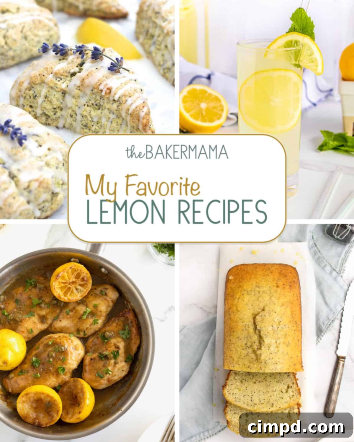 A vibrant collage of delicious lemon recipes including Lemon Lavender Poppy Seed Scones, Fresh Mint Lemonade, Skillet Chicken Piccata, and Lemon Poppy Seed Bread, highlighting the versatility of lemon in cooking and baking.