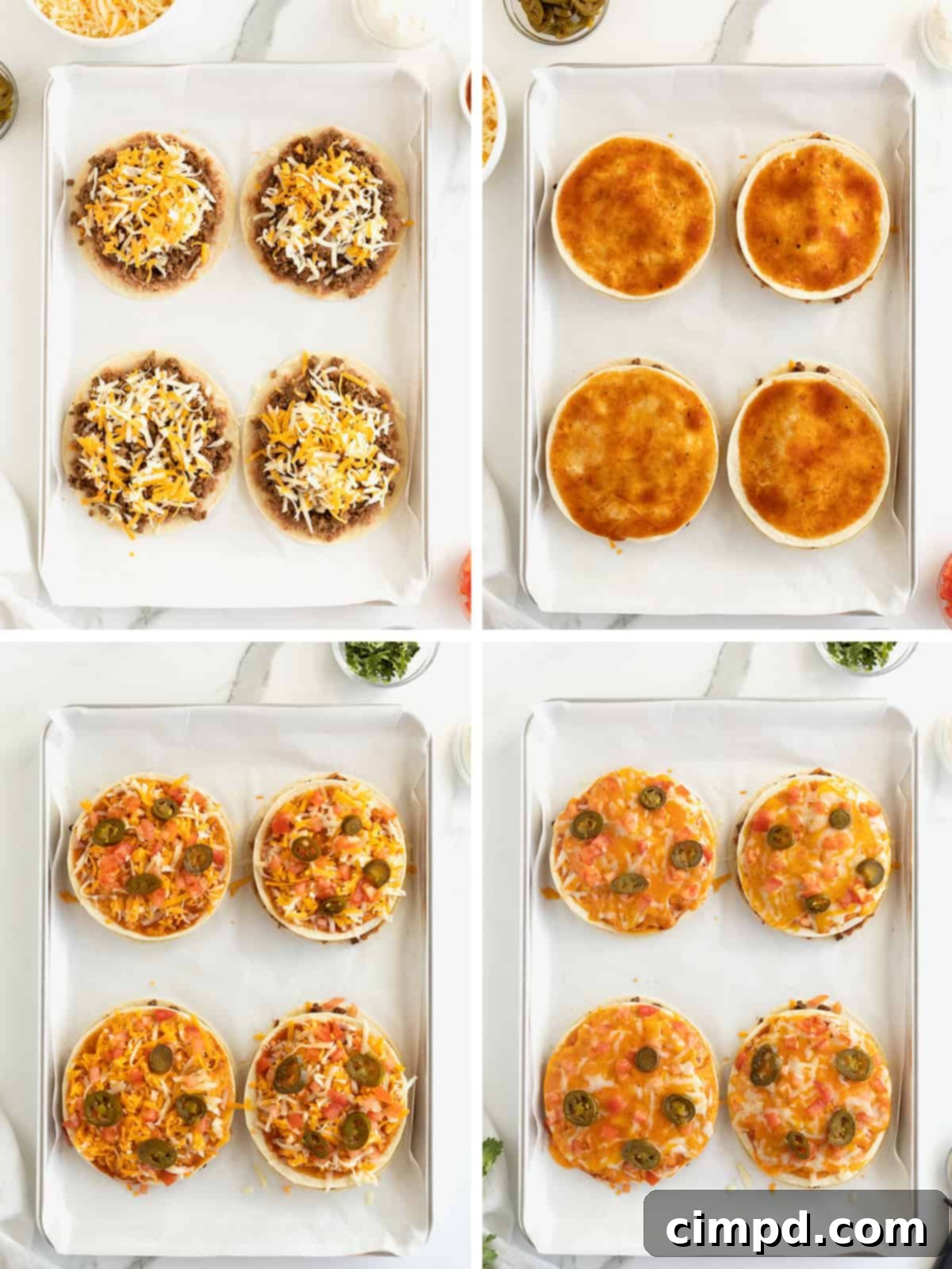 Steps to make copycat Mexican pizzas. 
