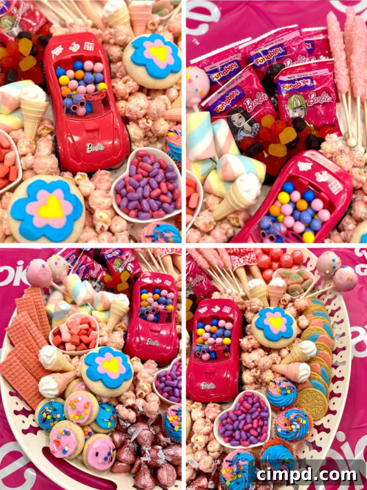 A step-by-step visual guide showing how to assemble a Barbie themed dessert board, from preparing ingredients to final arrangement.