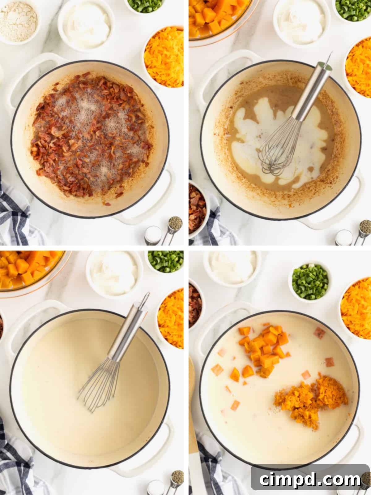 Step-by-step imagery demonstrating the soup-making process: cooking bacon, preparing the roux, and incorporating the mashed and cubed sweet potatoes into the creamy base.