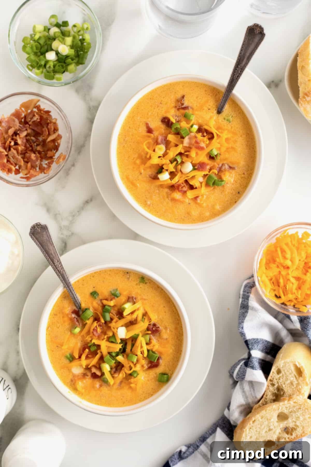 Two pristine white bowls of baked sweet potato soup, each beautifully garnished with crispy bacon, shredded yellow cheese, and sliced green onions, served on a white saucer with spoons.