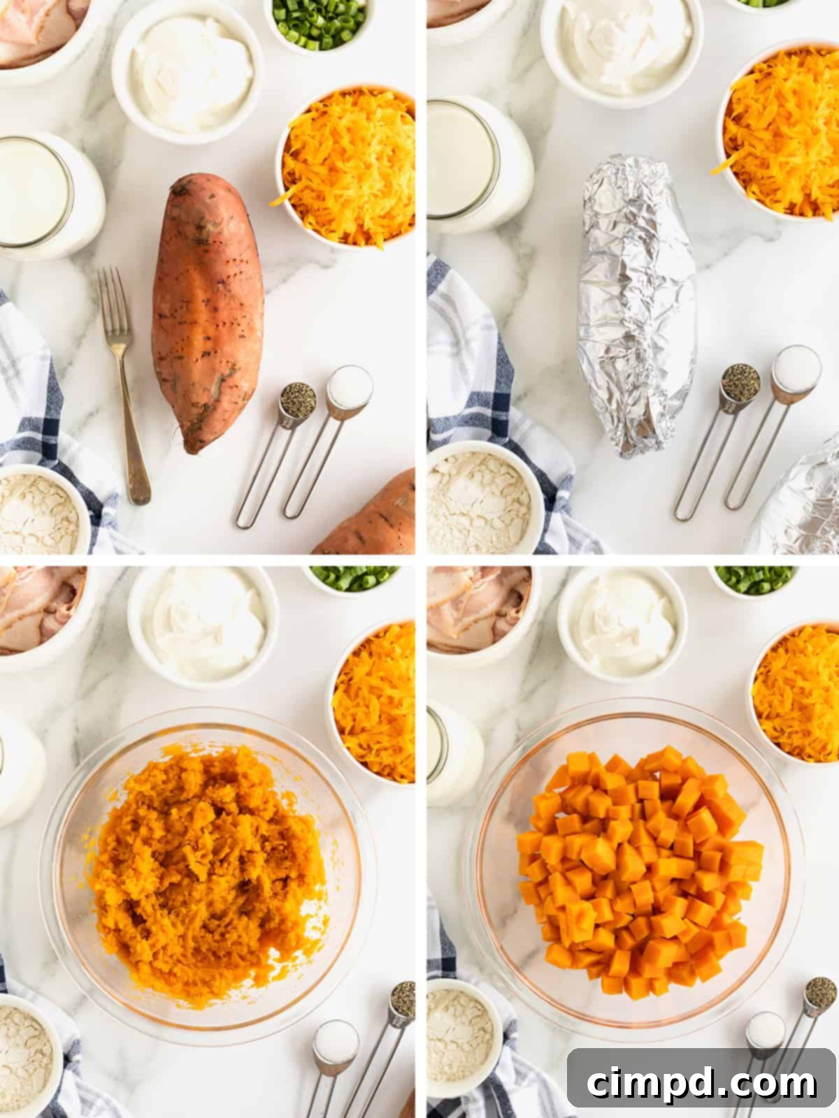Visual steps illustrating the preparation of baked sweet potatoes for soup, from baking to mashing and cubing, ensuring perfect texture.