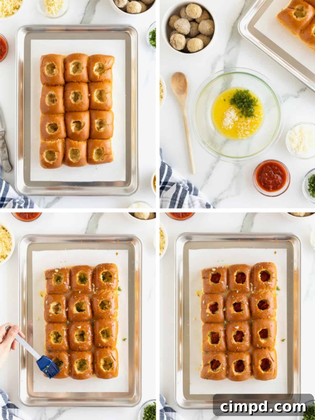 Step-by-step assembly of Meatball Stuffed Garlic Rolls, illustrating how to hollow out rolls and fill them with marinara and cheese.