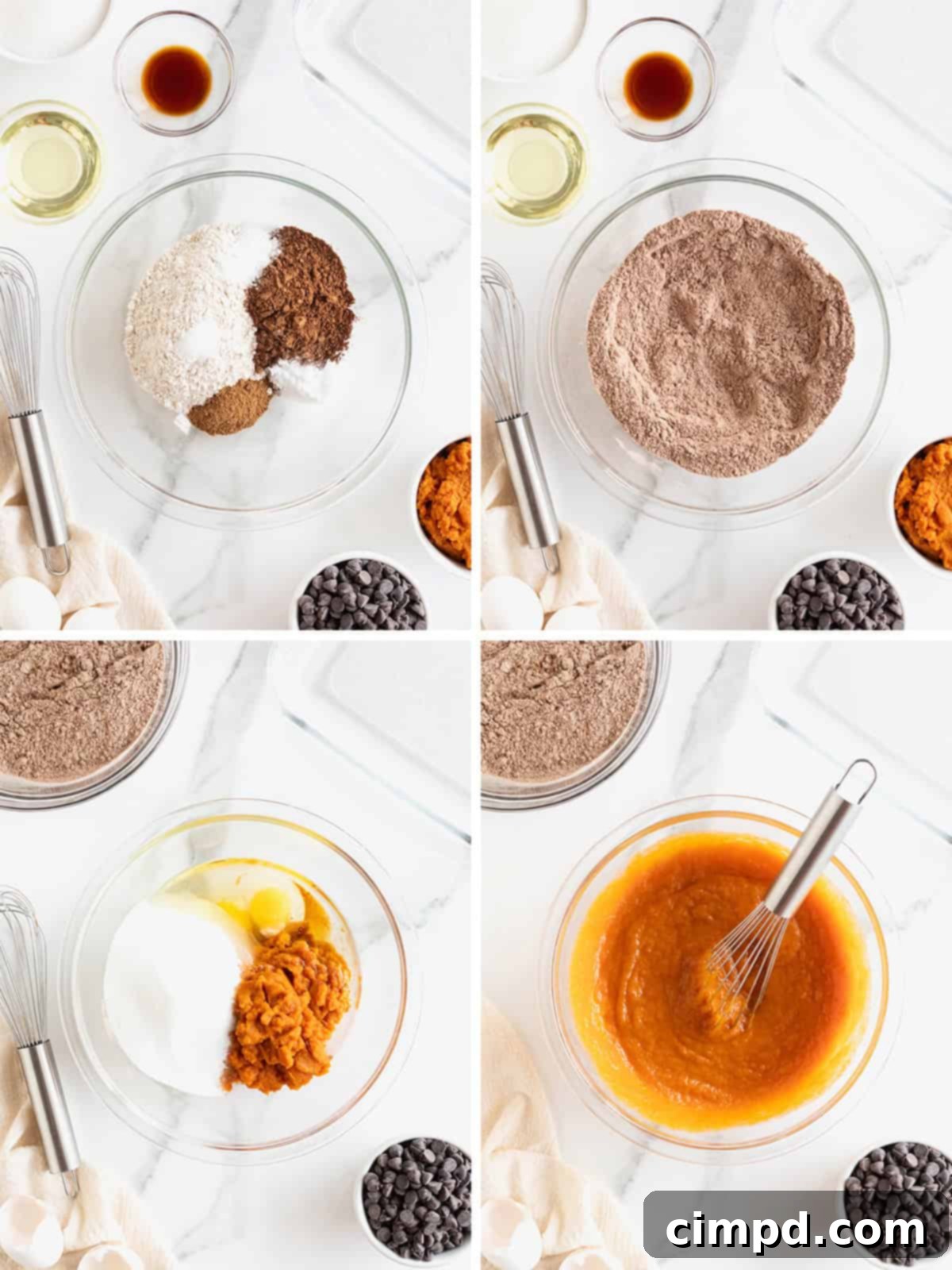 The initial steps of making whole wheat pumpkin brownies, showing dry ingredients mixed in one bowl and wet ingredients in another.