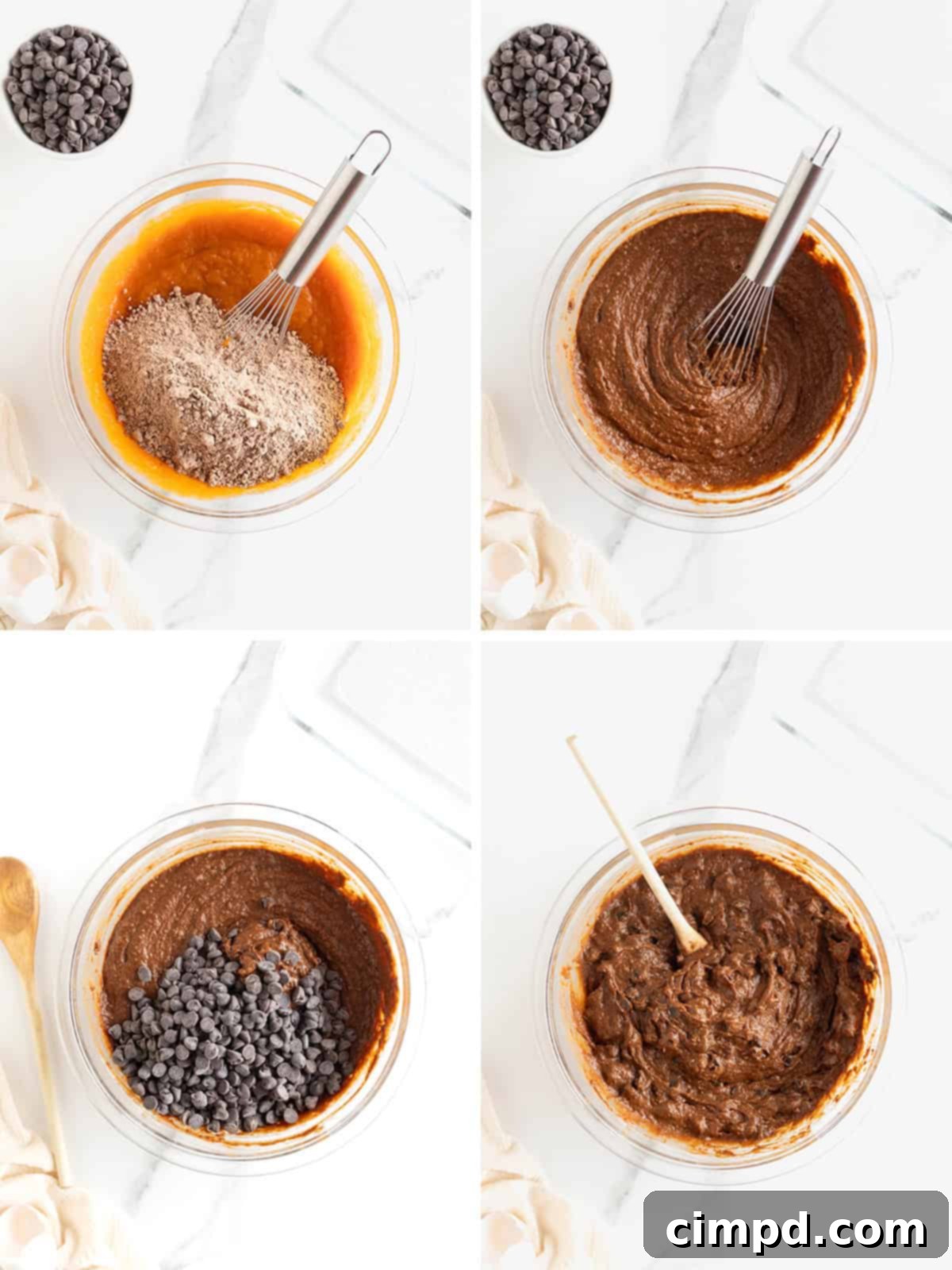 Further steps in making whole wheat pumpkin brownies, showing the combined batter with chocolate chips being stirred in.