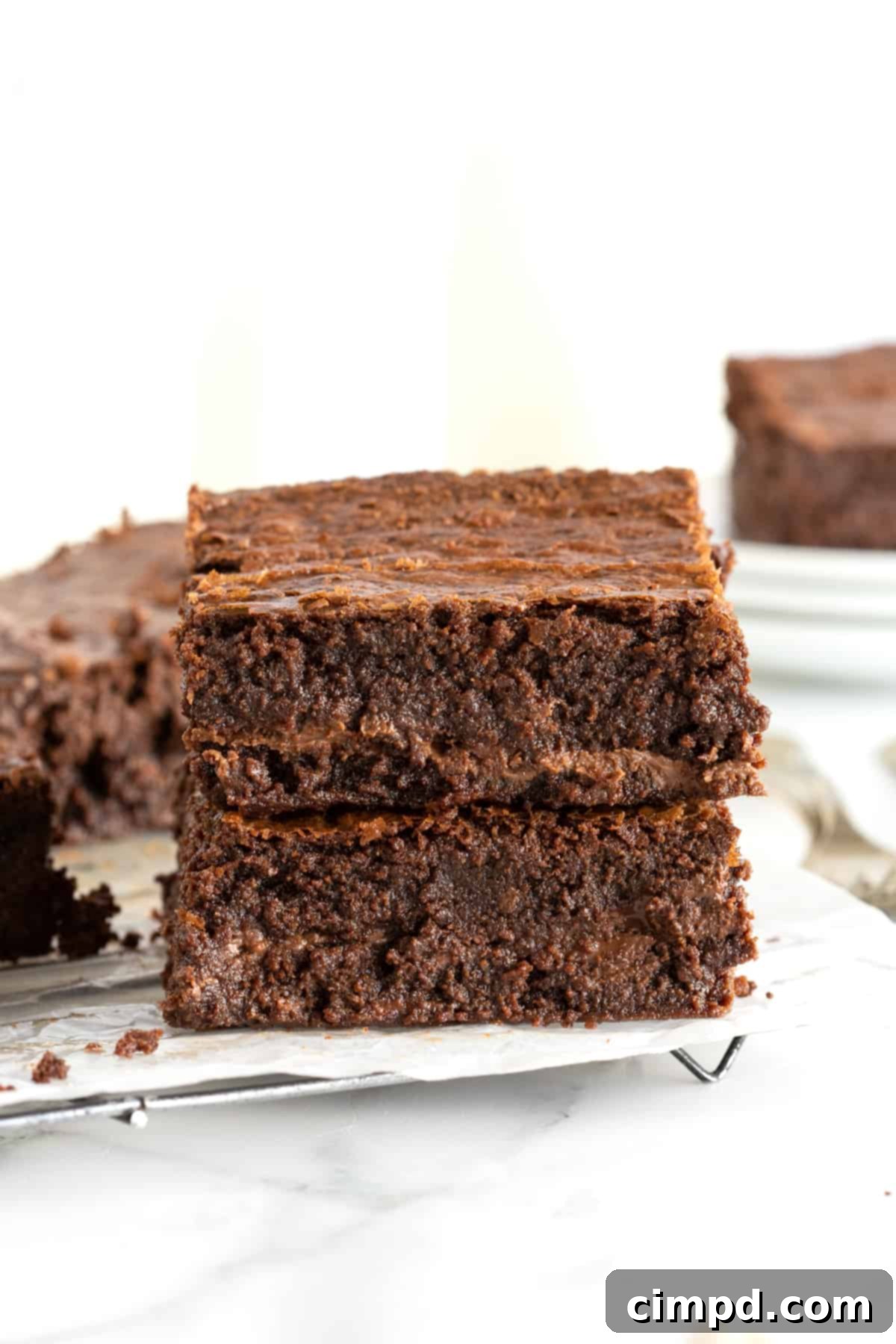 Two moist and chewy Nutella brownies on a parchment lined cooling rack. 
