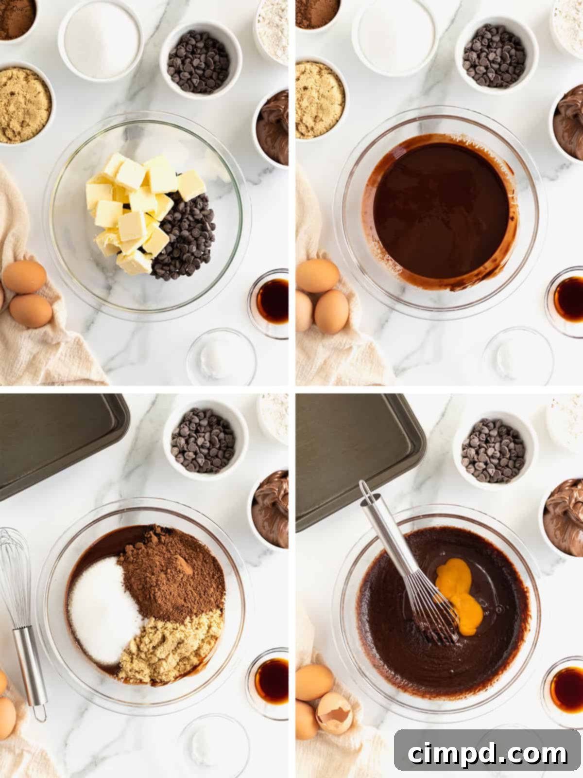 Steps to make Nutella brownie batter.