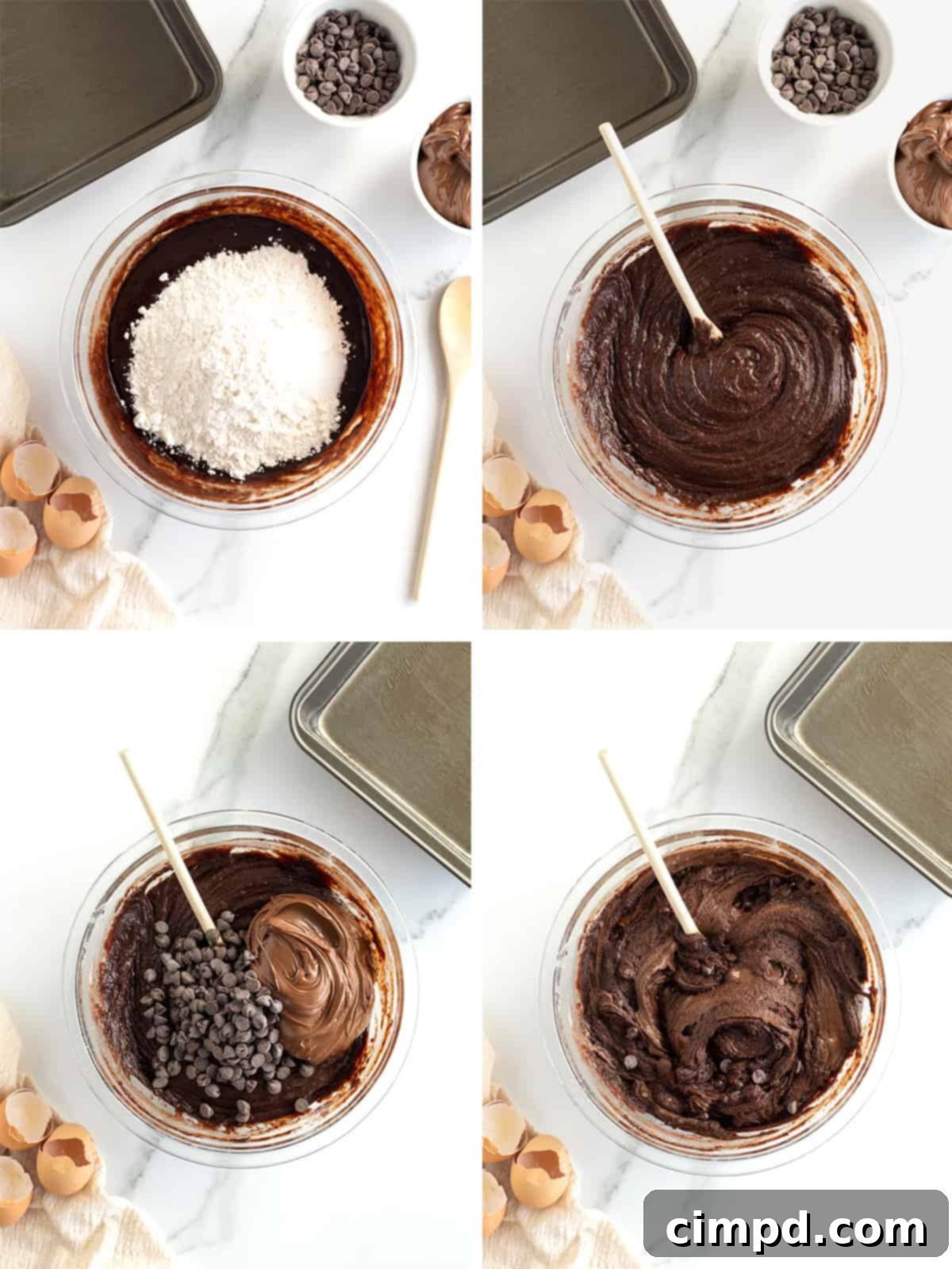 Steps to make Nutella brownie batter.