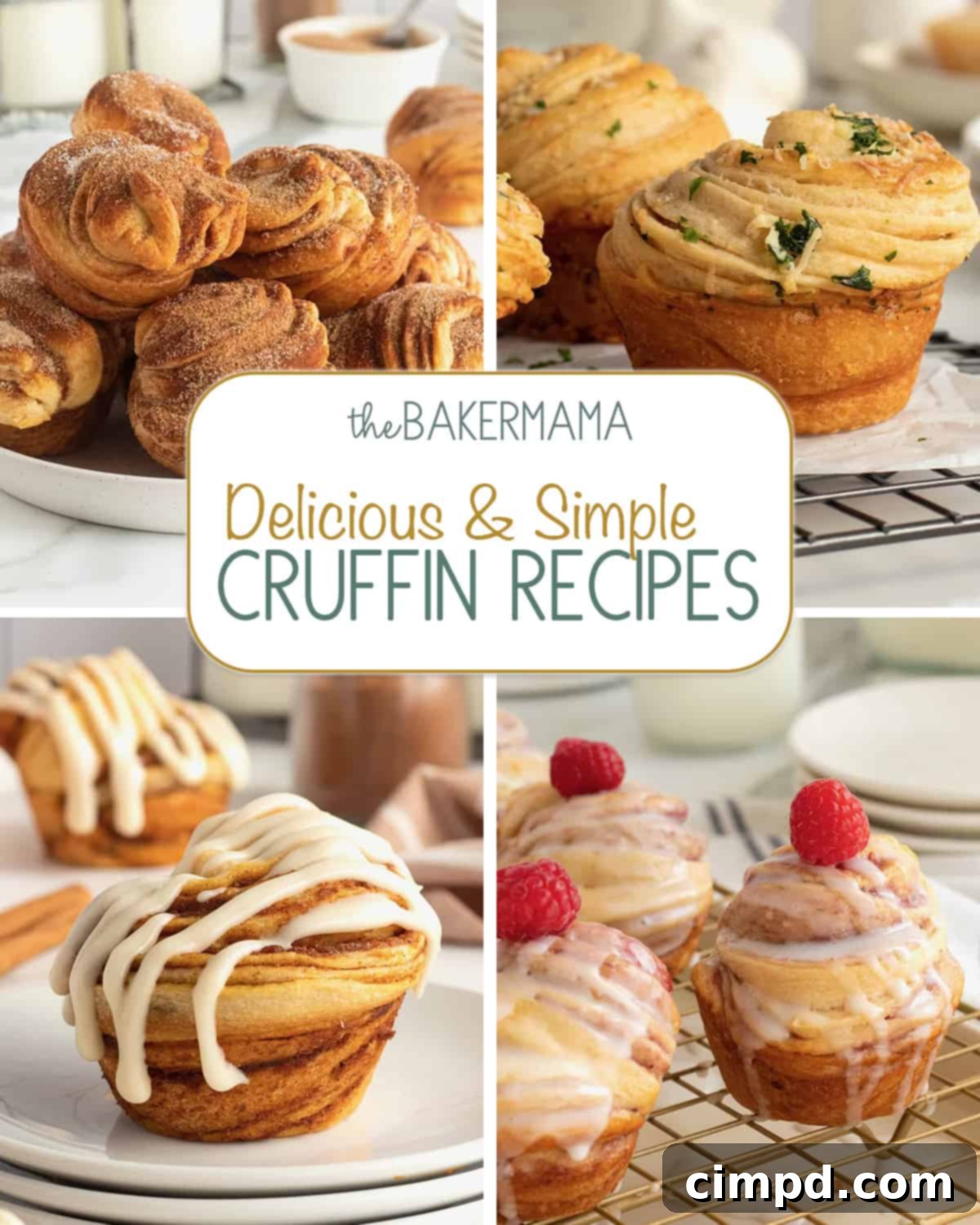 Bake Delicious Cruffins the Easy Way 2 A vibrant collection of cruffins featuring Cinnamon Sugar, Garlic Parmesan Herb, Pumpkin Spice, and Raspberry Cream Cheese flavors, showcasing their diverse appeal.