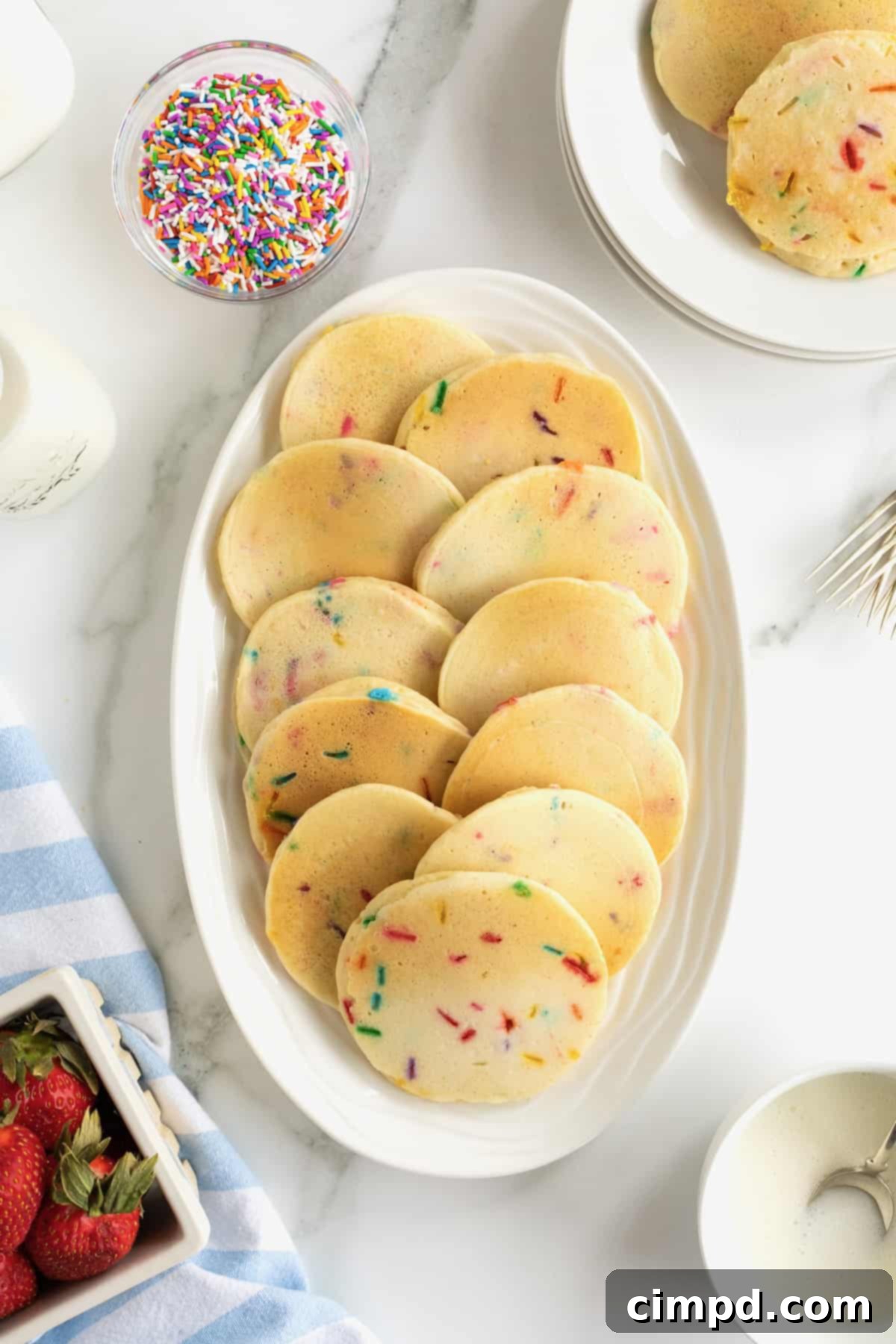 Confetti pancakes on a white serving dish.