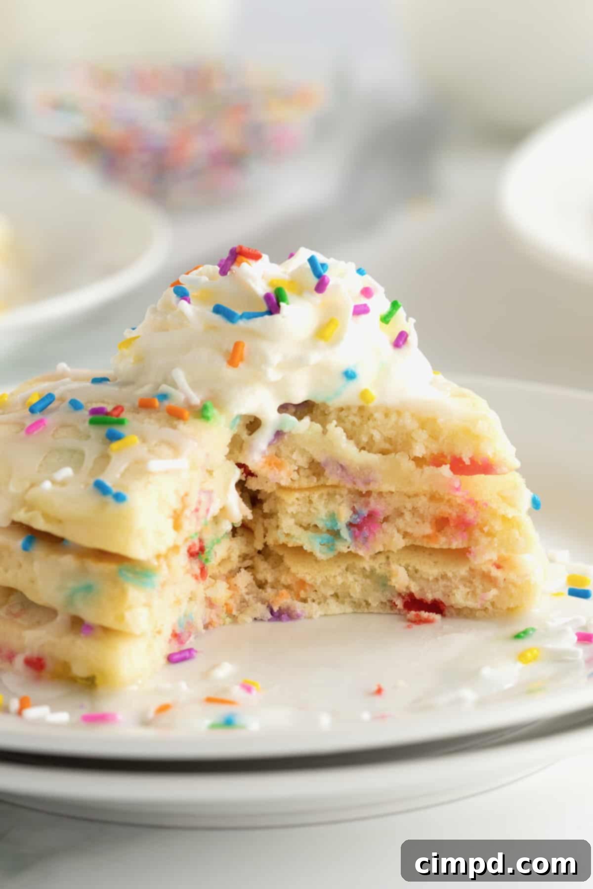 Fluffy pancakes with colorful confetti sprinkles, topped with whipped cream and more sprinkles.