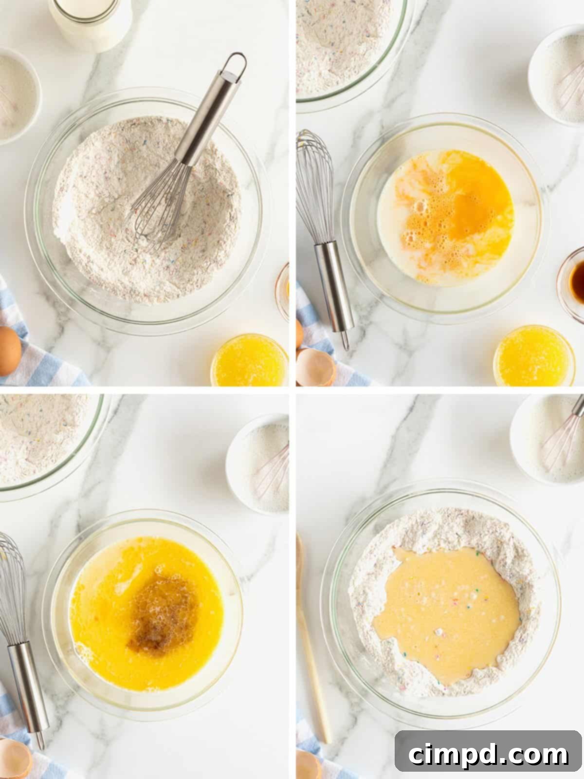 Steps to make pancake batter with rainbow sprinkles.