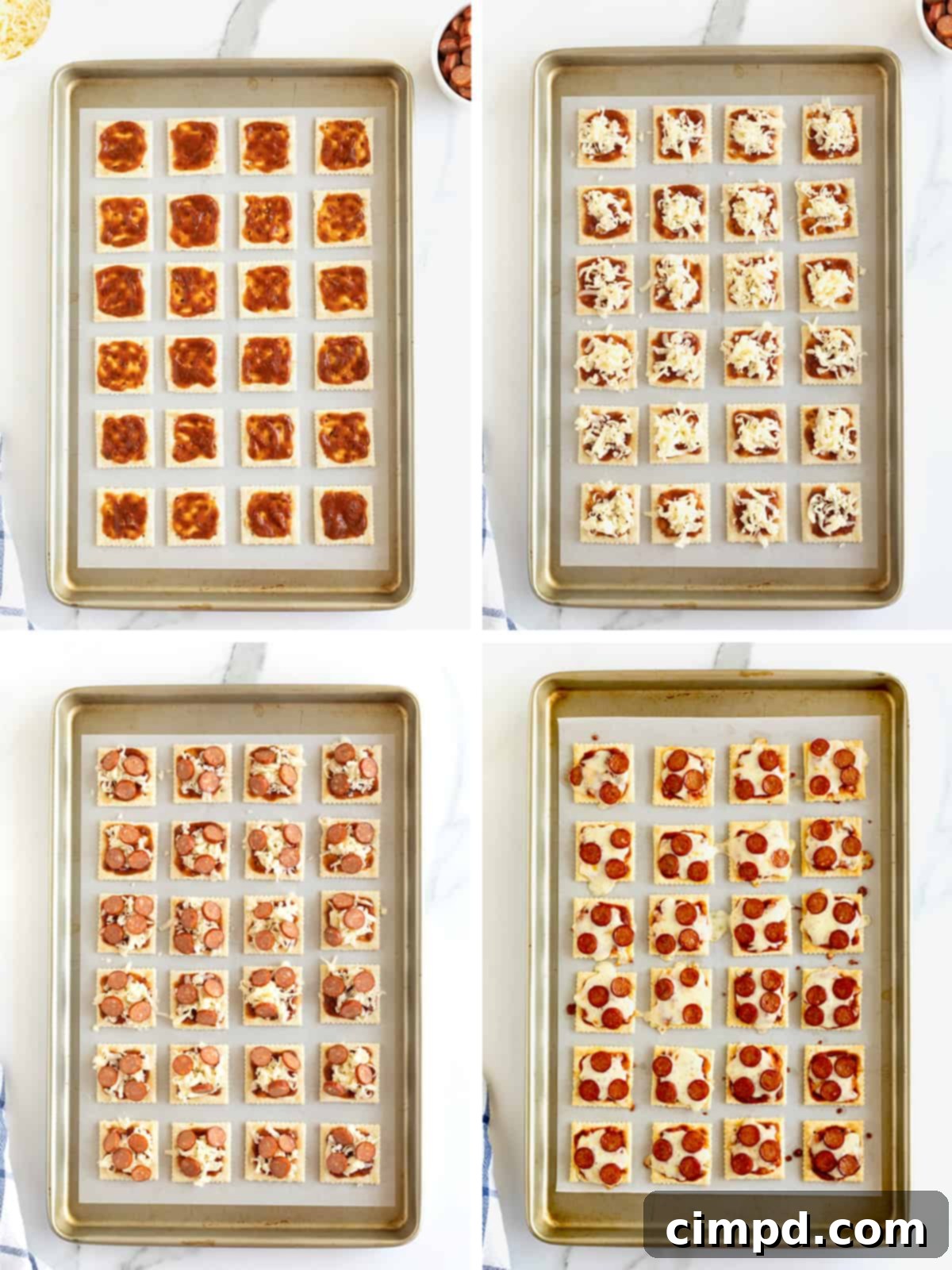 Crispy Pizza Bites 7 A step-by-step collage showing how to make pizza bites: arranging crackers, spreading sauce, adding cheese and pepperoni, and the final baked product.