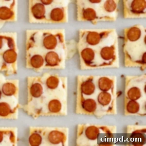 Crispy Pizza Bites 9 Pizza bites made with saltine crackers, melted mozzarella and mini pepperoni.