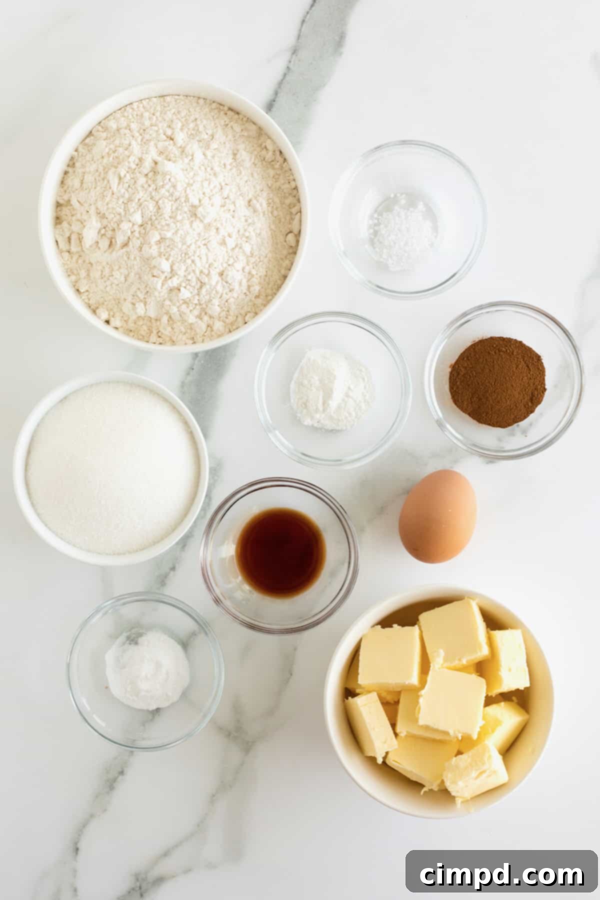 Flour, sugar, salt, butter, salt, cinnamon and sugar to make snickerdoodles.
