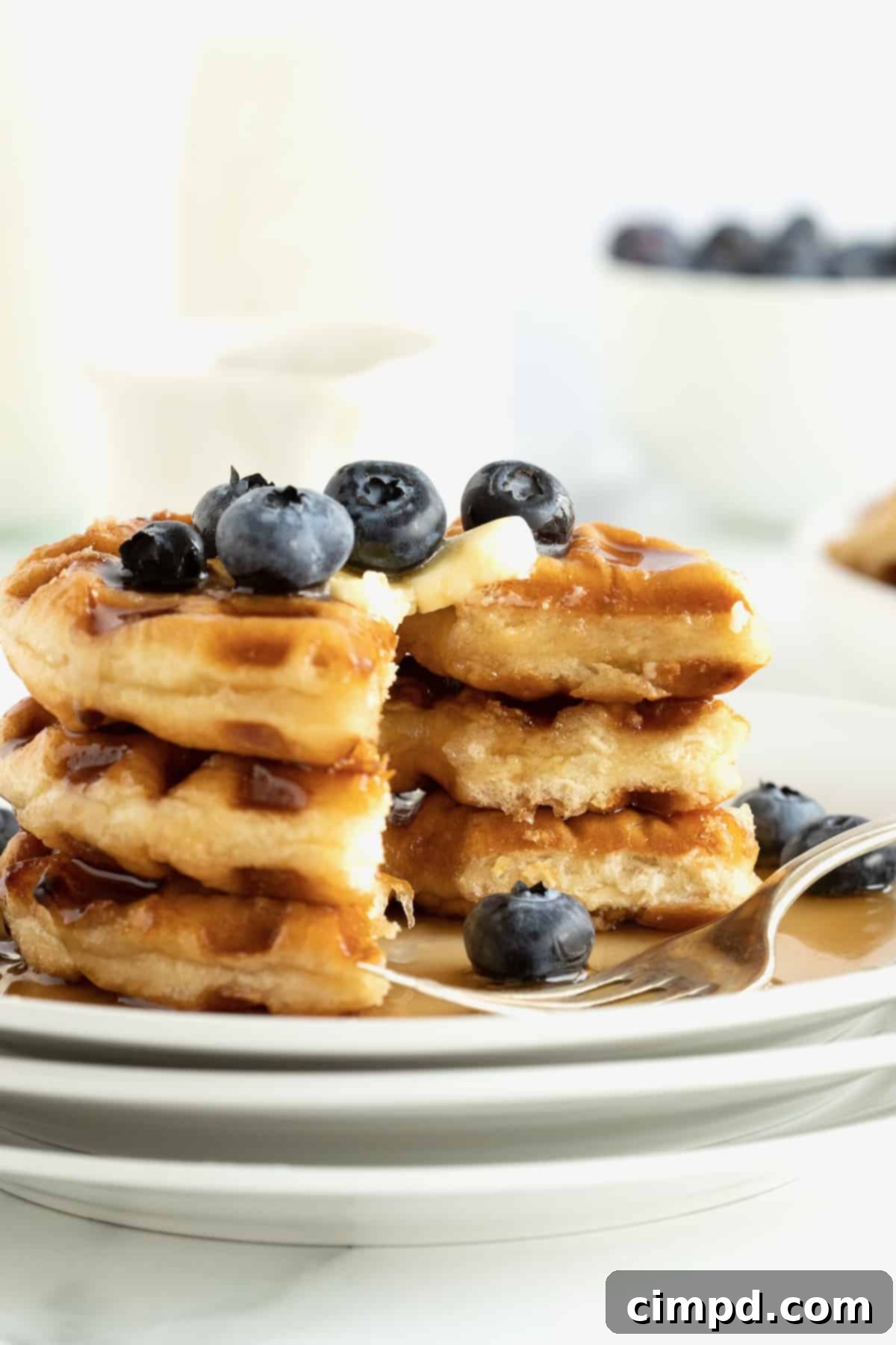 Glazed Waffle Rings 11 Three donut waffles stacked on a white plate with a square of butter, fresh blueberries and hot maple syrup, ready to be devoured.