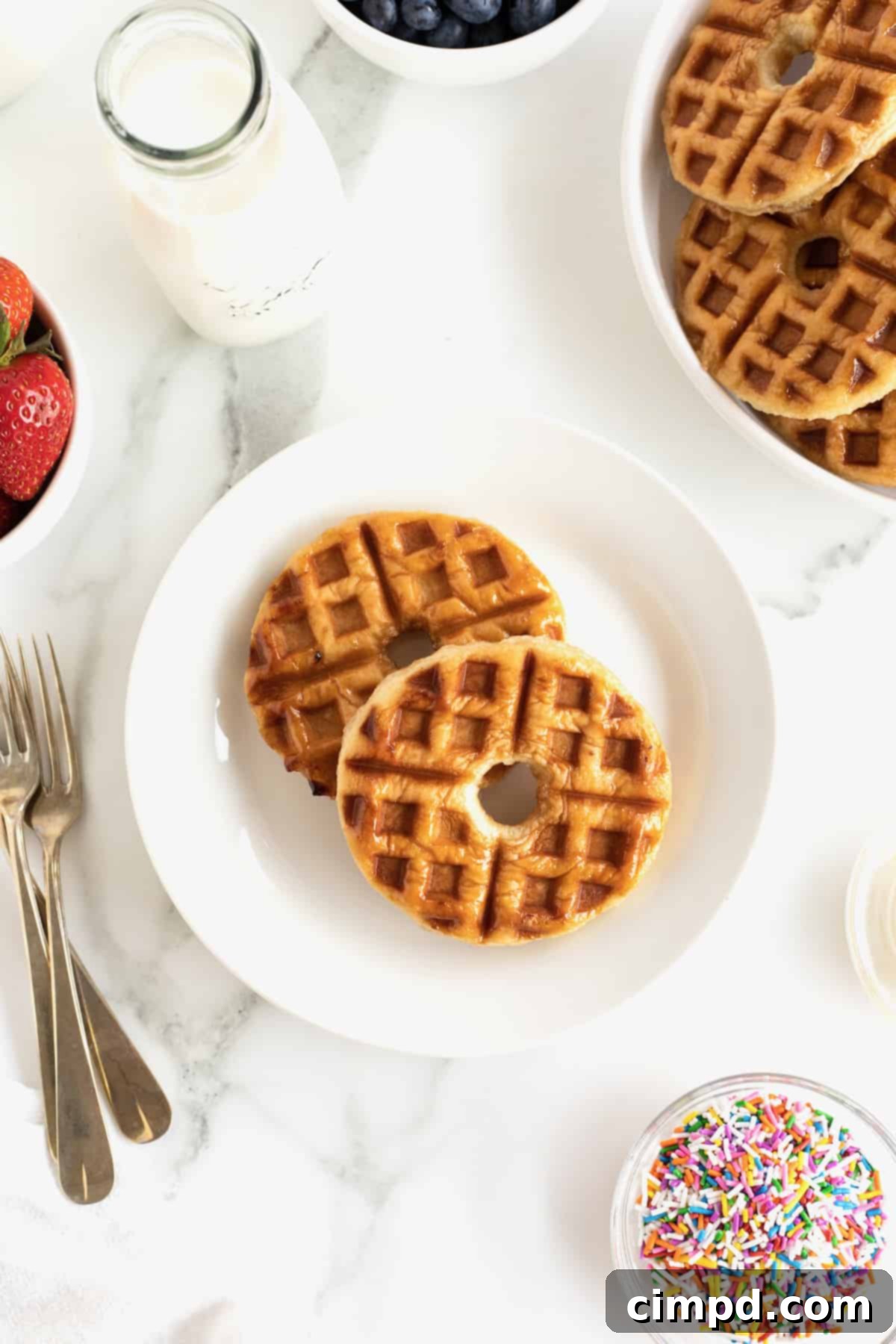 Glazed Waffle Rings 12 A round white plate with two perfectly cooked donut waffles.